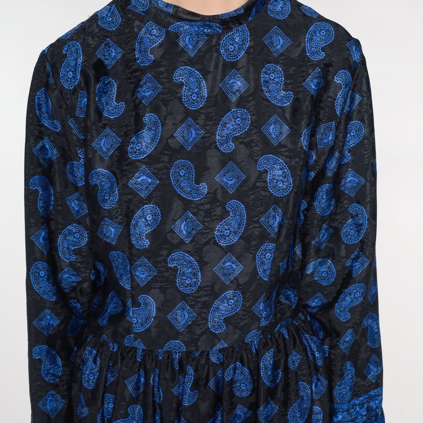 80s Black Blue Paisley Midi Dress Long Sleeve Mock Neck High Waisted Small