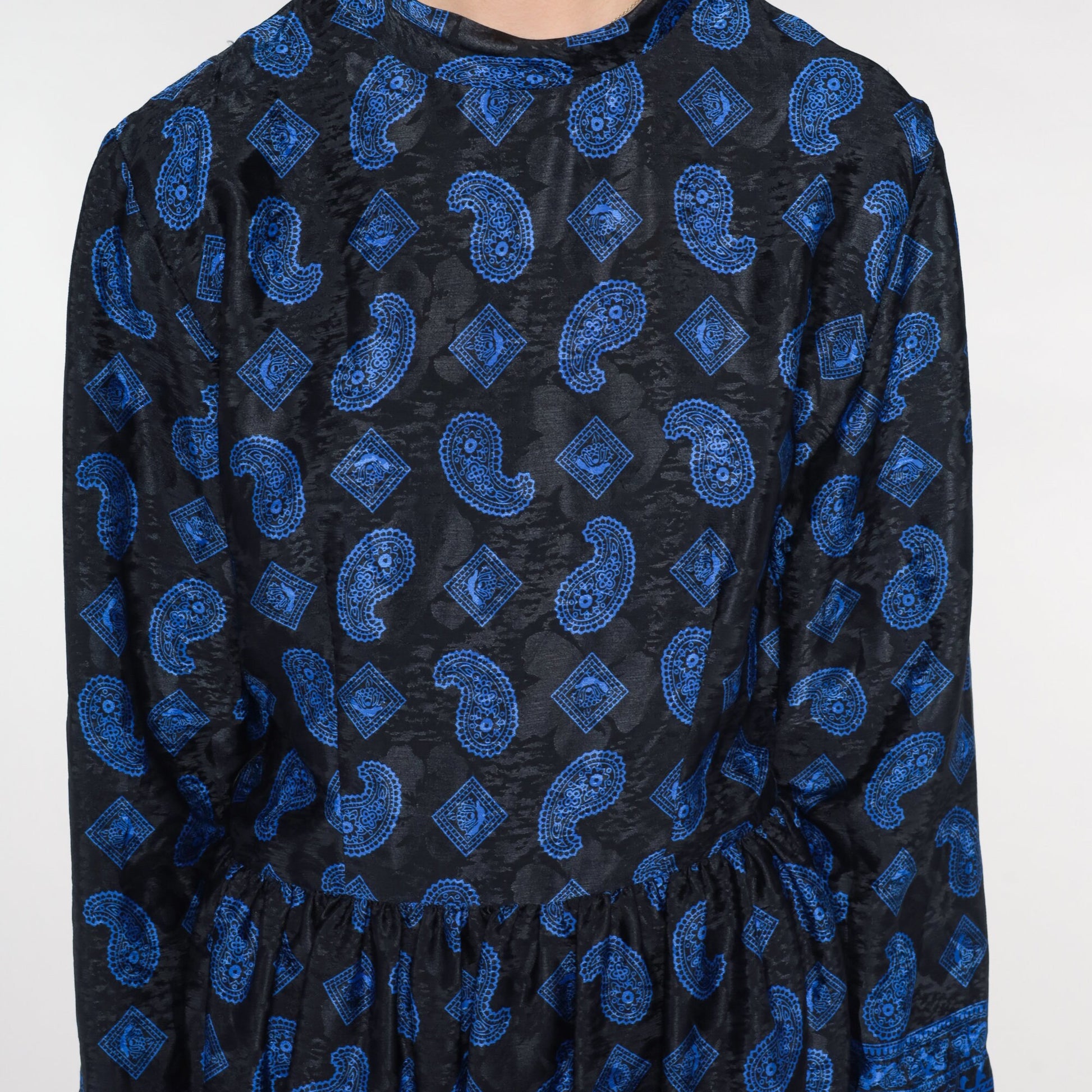 80s Black Blue Paisley Midi Dress Long Sleeve Mock Neck High Waisted Small