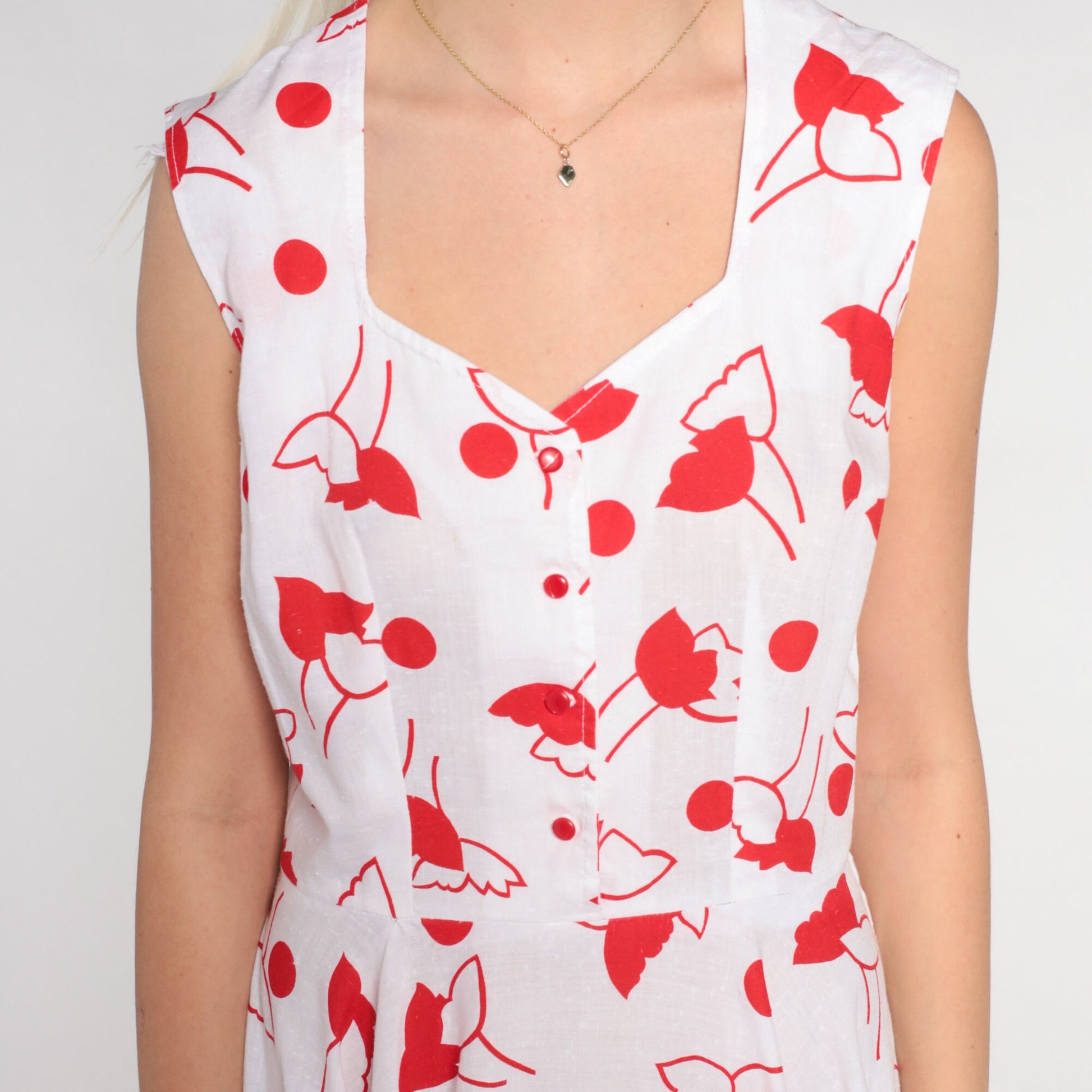 80s White Red Floral Mini Dress Queen Anne Neckline Sleeveless Small