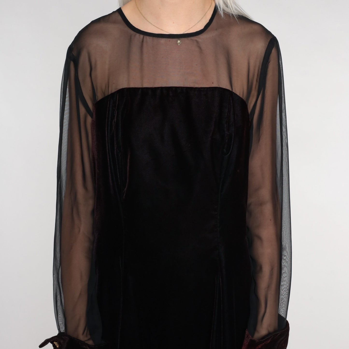90s Black Velvet Mini Dress Illusion Neckline Long Sleeve Party Large