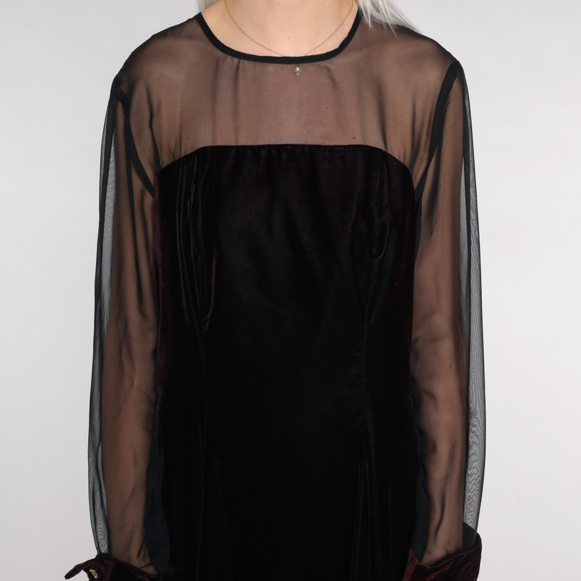 90s Black Velvet Mini Dress Illusion Neckline Long Sleeve Party Large