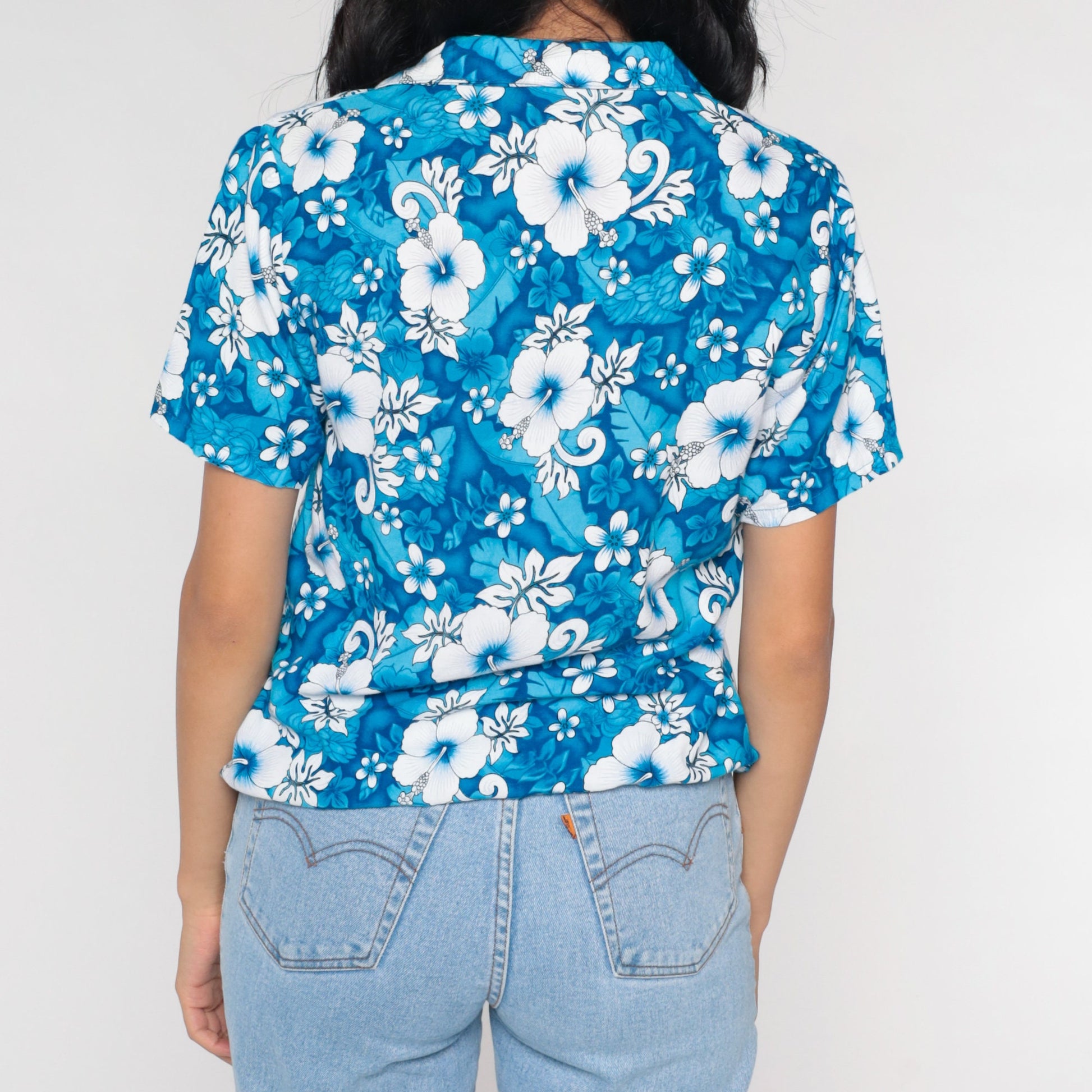 90s Blue Hawaiian Floral Button Up Blouse Short Sleeve Extra Small