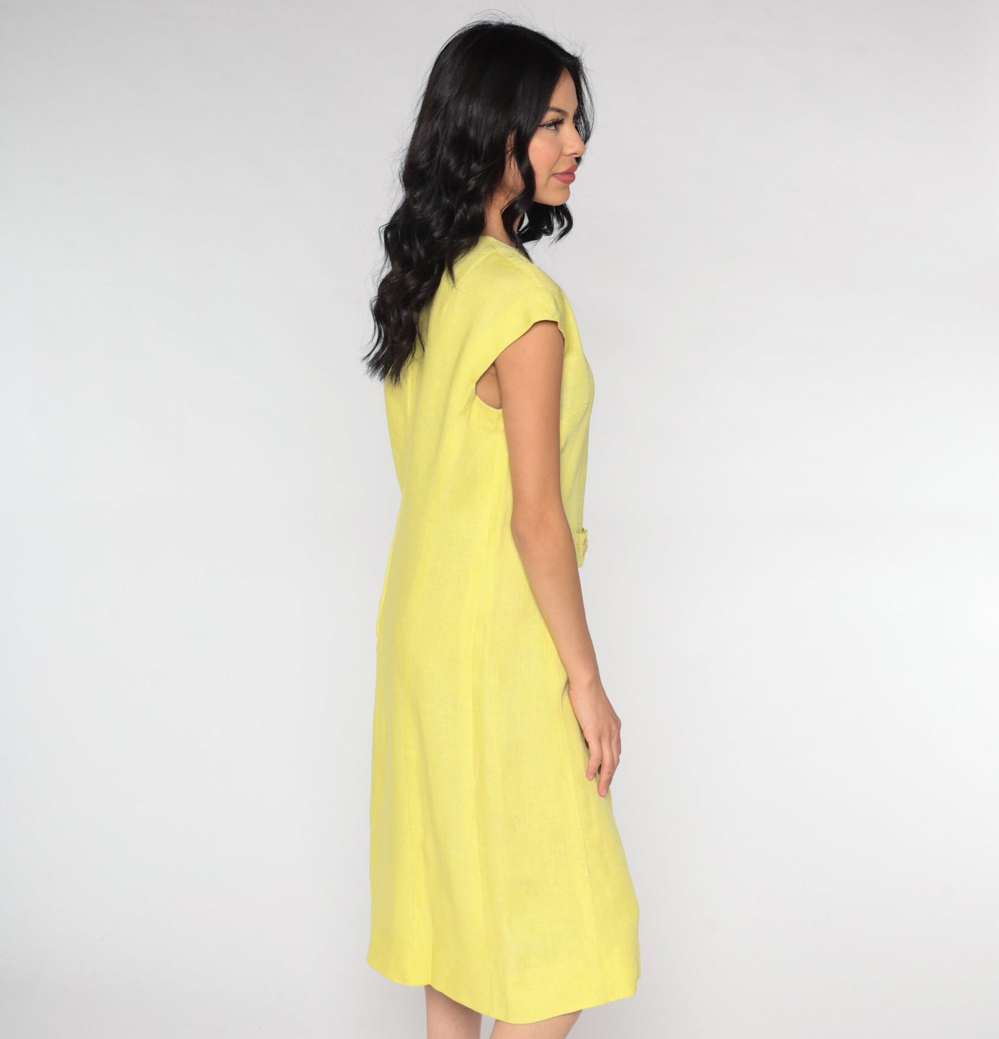 1960s Yellow Linen Shift Dress Cap Sleeve Knee Length Medium