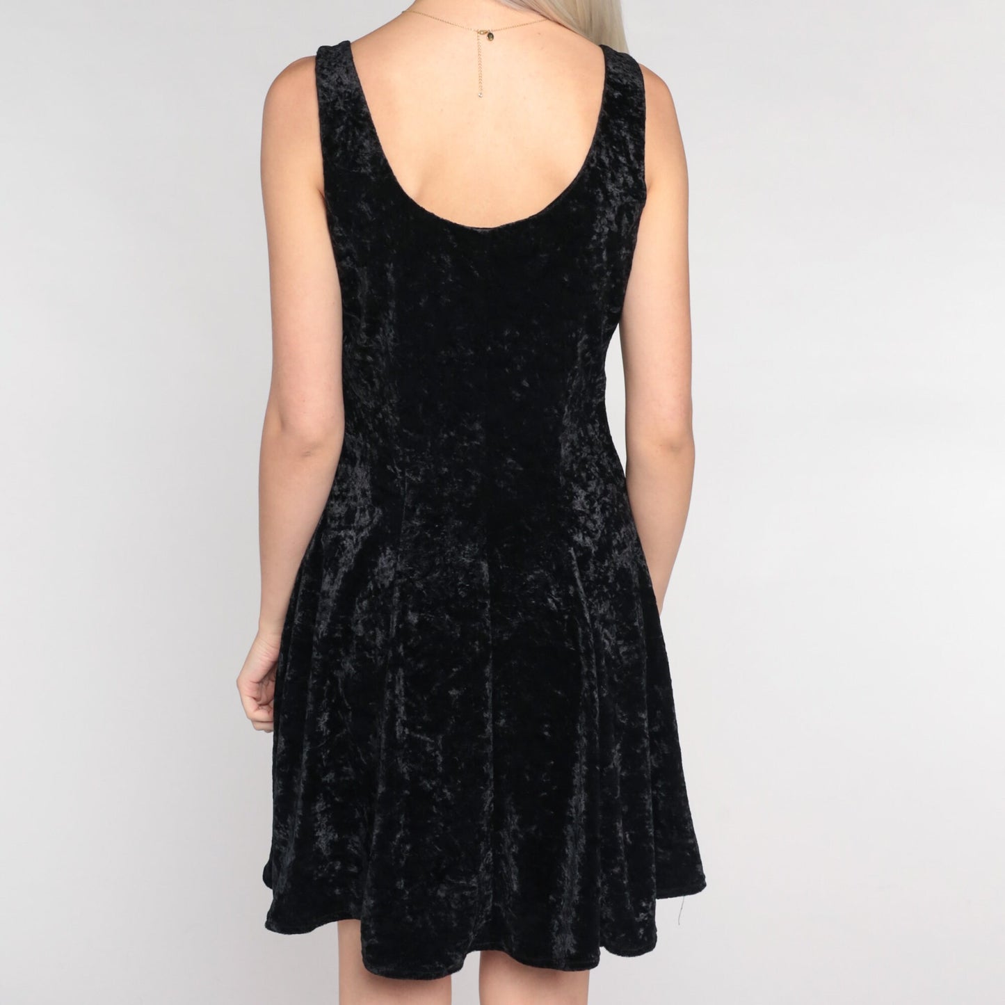 90s Black Velvet Mini Dress Rhinestone Buckle Sleeveless Skater Medium M