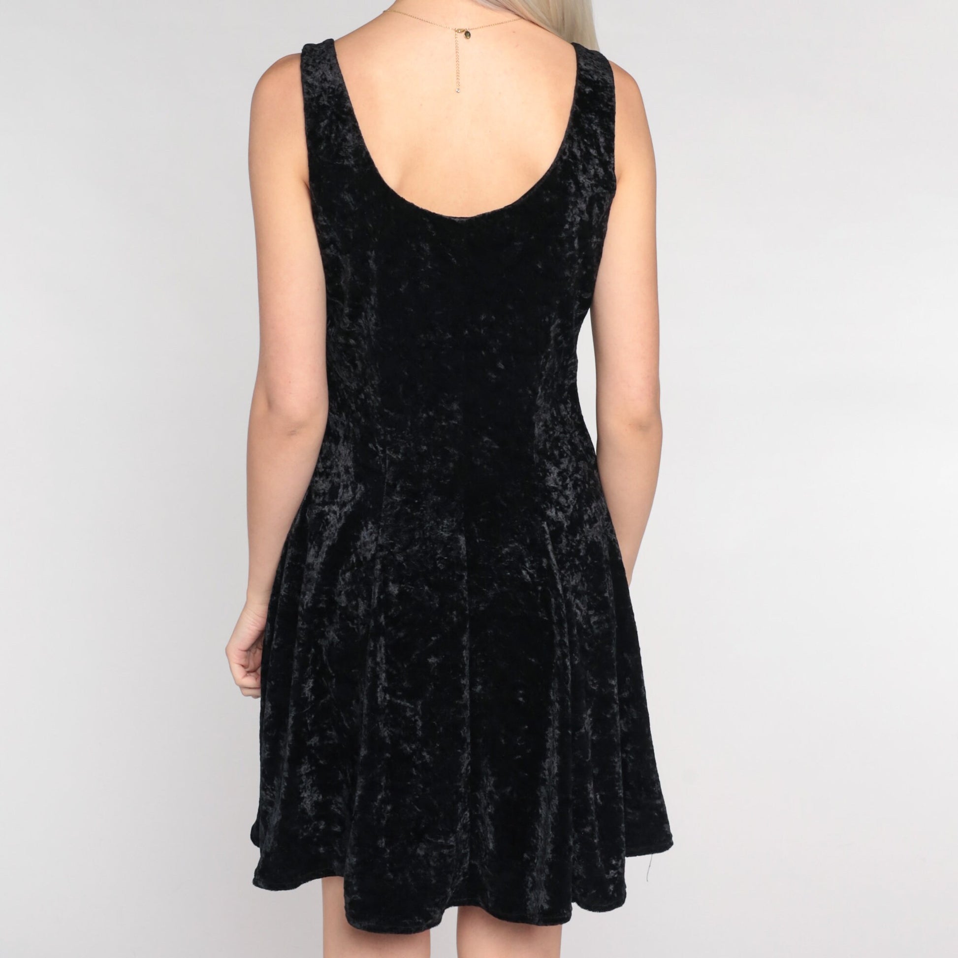 90s Black Velvet Mini Dress Rhinestone Buckle Sleeveless Skater Medium M