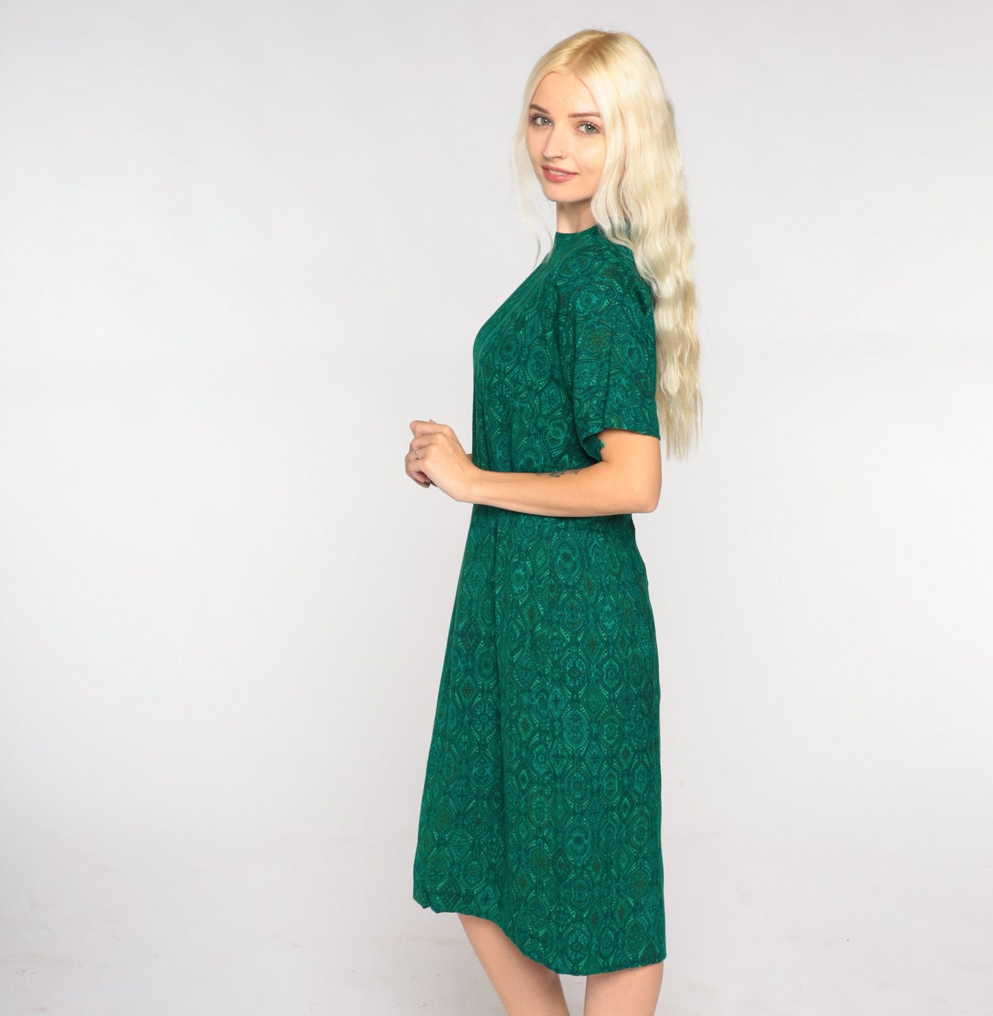 60s Green Tile Print Shift Dress Knee Length Short Sleeve Small