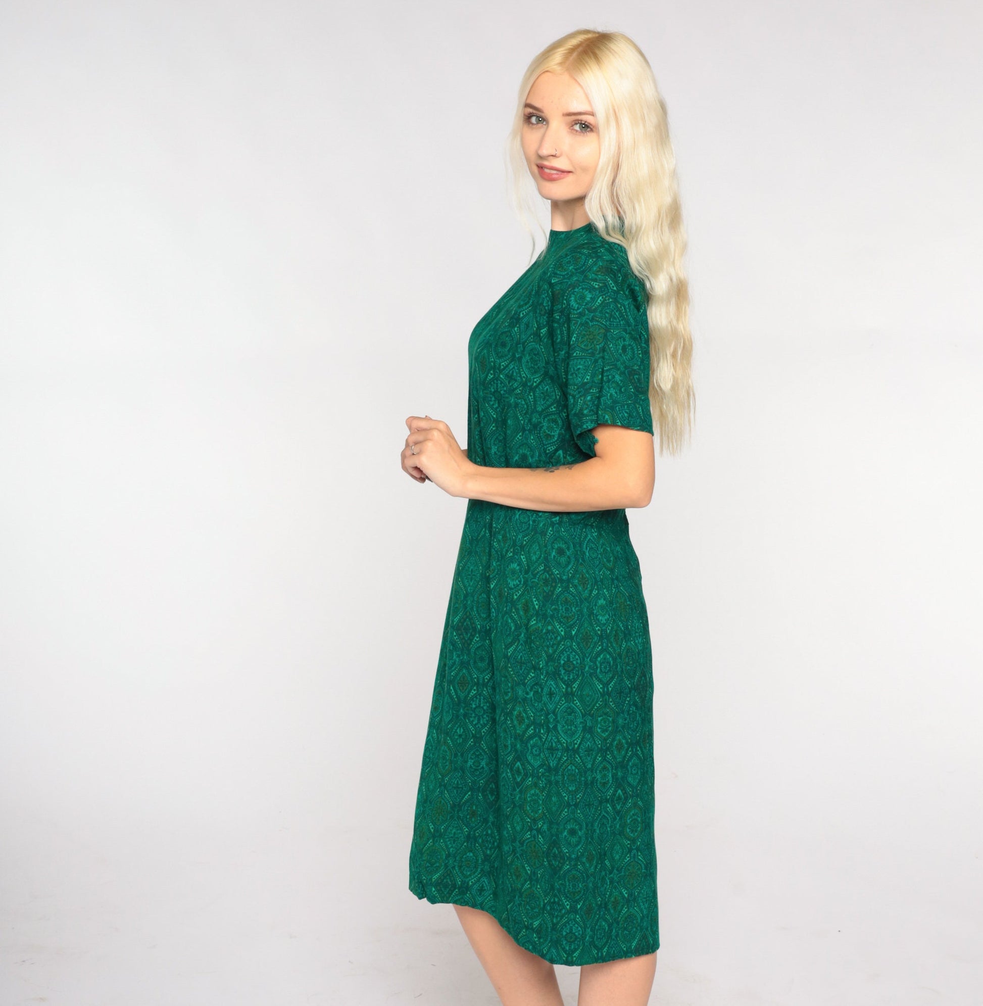 60s Green Tile Print Shift Dress Knee Length Short Sleeve Small