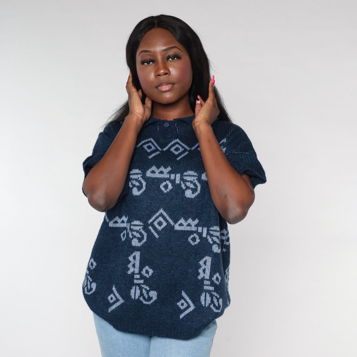 90s Navy Knit Polo Shirt Geometric Print Collared Short Sleeve Large