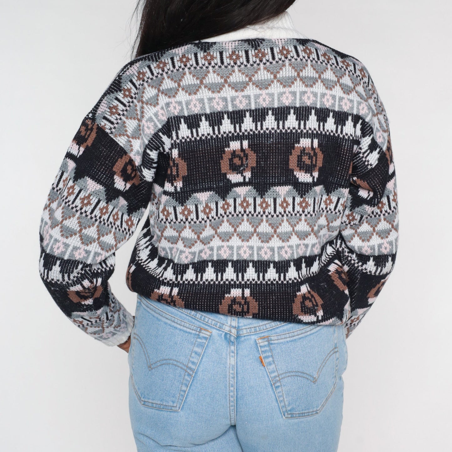 90s Geometric Fair Isle Knit Sweater Mock Neck Pullover Black White Grey Brown Medium