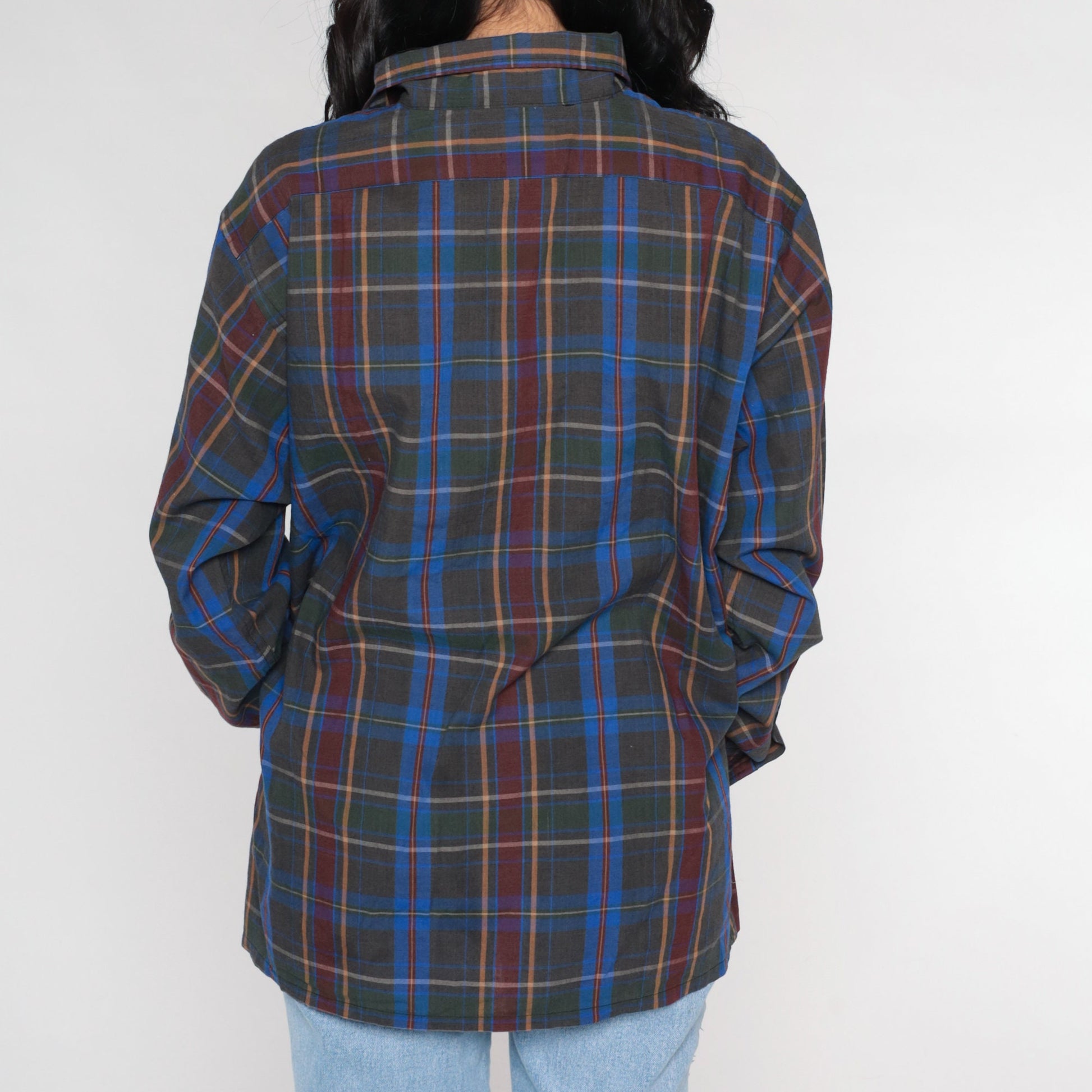 90s Grey Blue Plaid Button-Up Shirt Long Sleeve Mens Large L