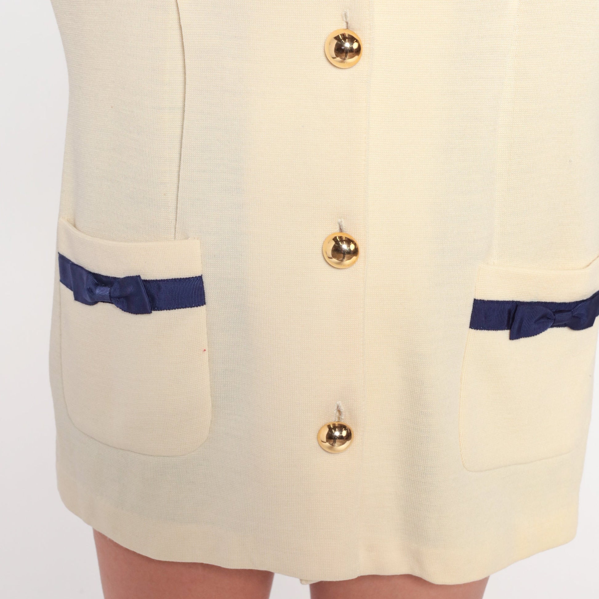 90s Dana Buchman Cream Wool Cardigan Navy Trim Bow Buttons Medium