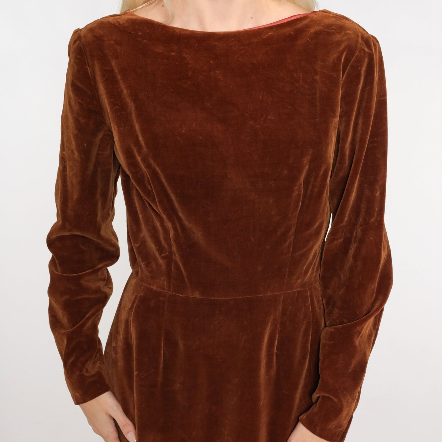 60s Brown Velvet Midi Dress Long Sleeve High Waist Low Back Small
