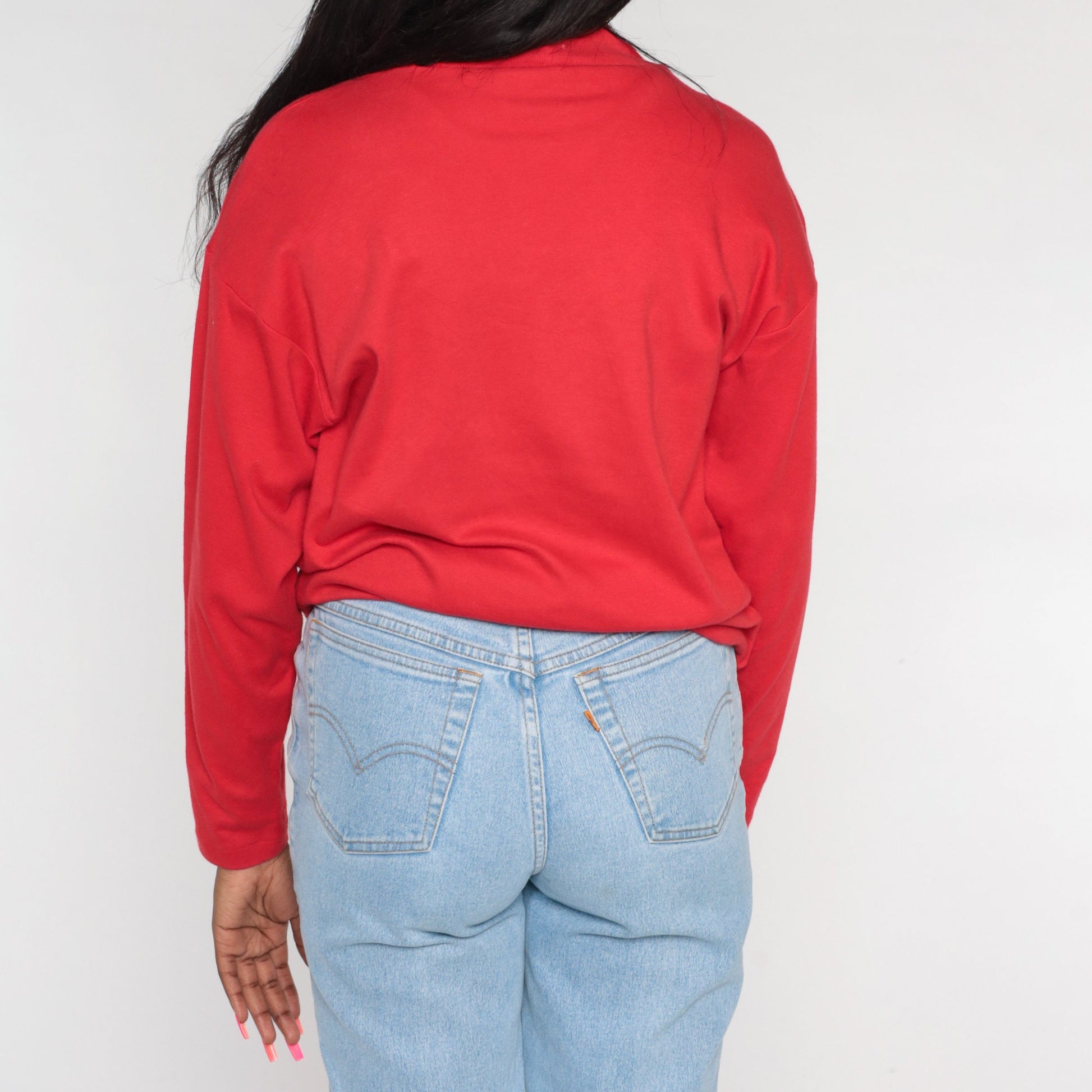 90s Red Rhinestone Mandala Long Sleeve T-Shirt Crystal Bedazzled Top Small