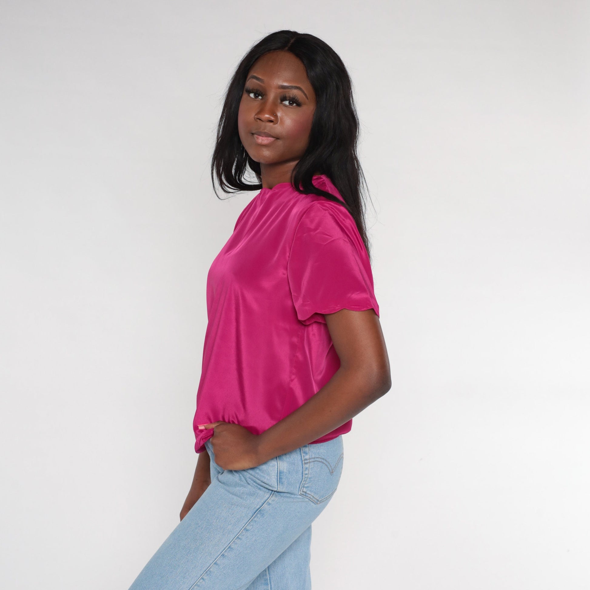 90s Fuchsia Pink Blouse Scalloped Neckline Short Sleeve Medium