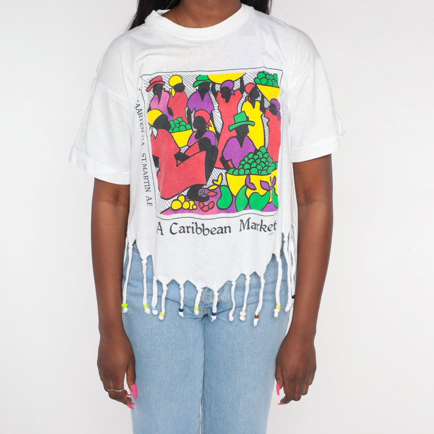 90s Caribbean Market St. Martin Graphic T-Shirt Beaded Fringe White Medium Large