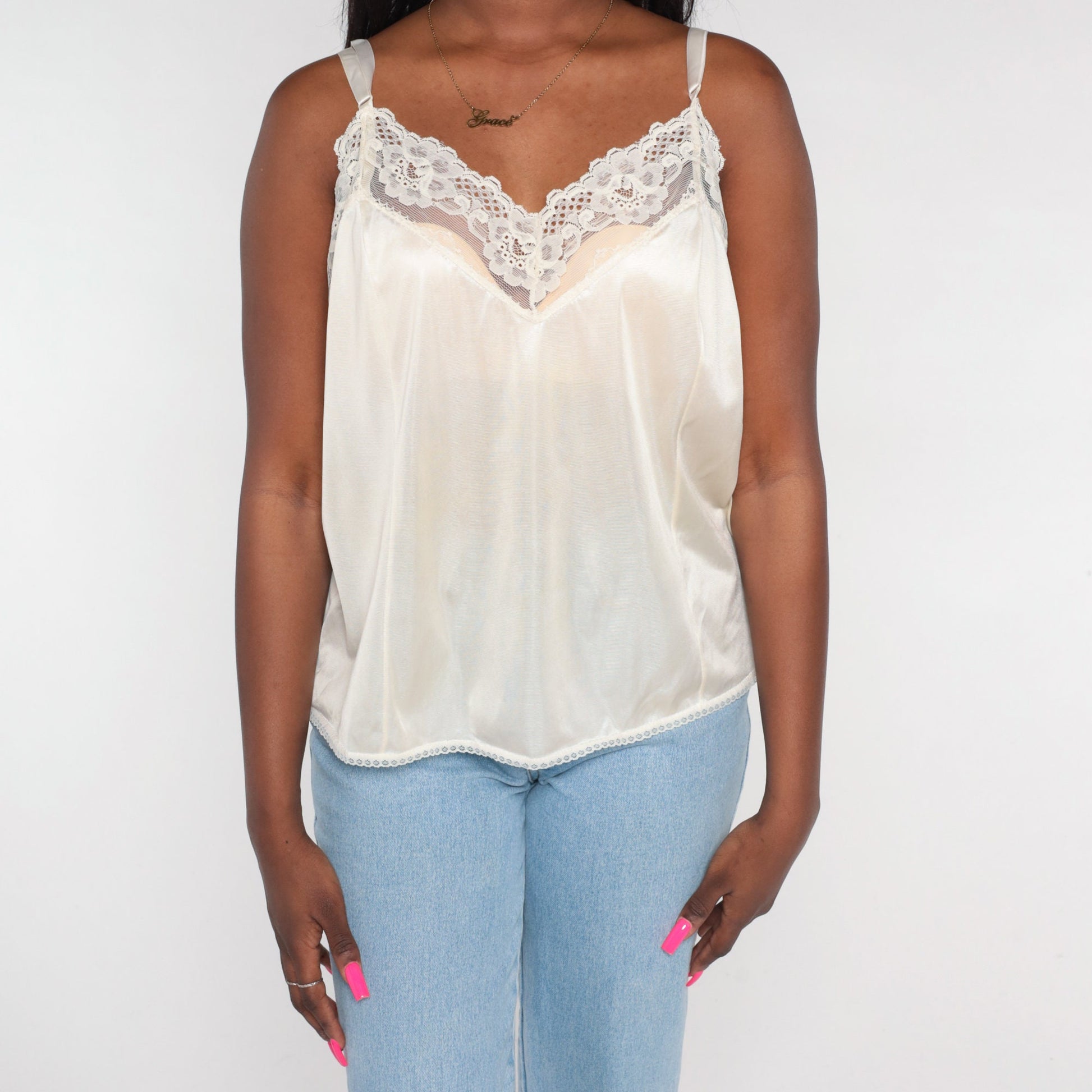 80s Off-White Nylon Lace Trim Camisole Tank Top Extra Large XL