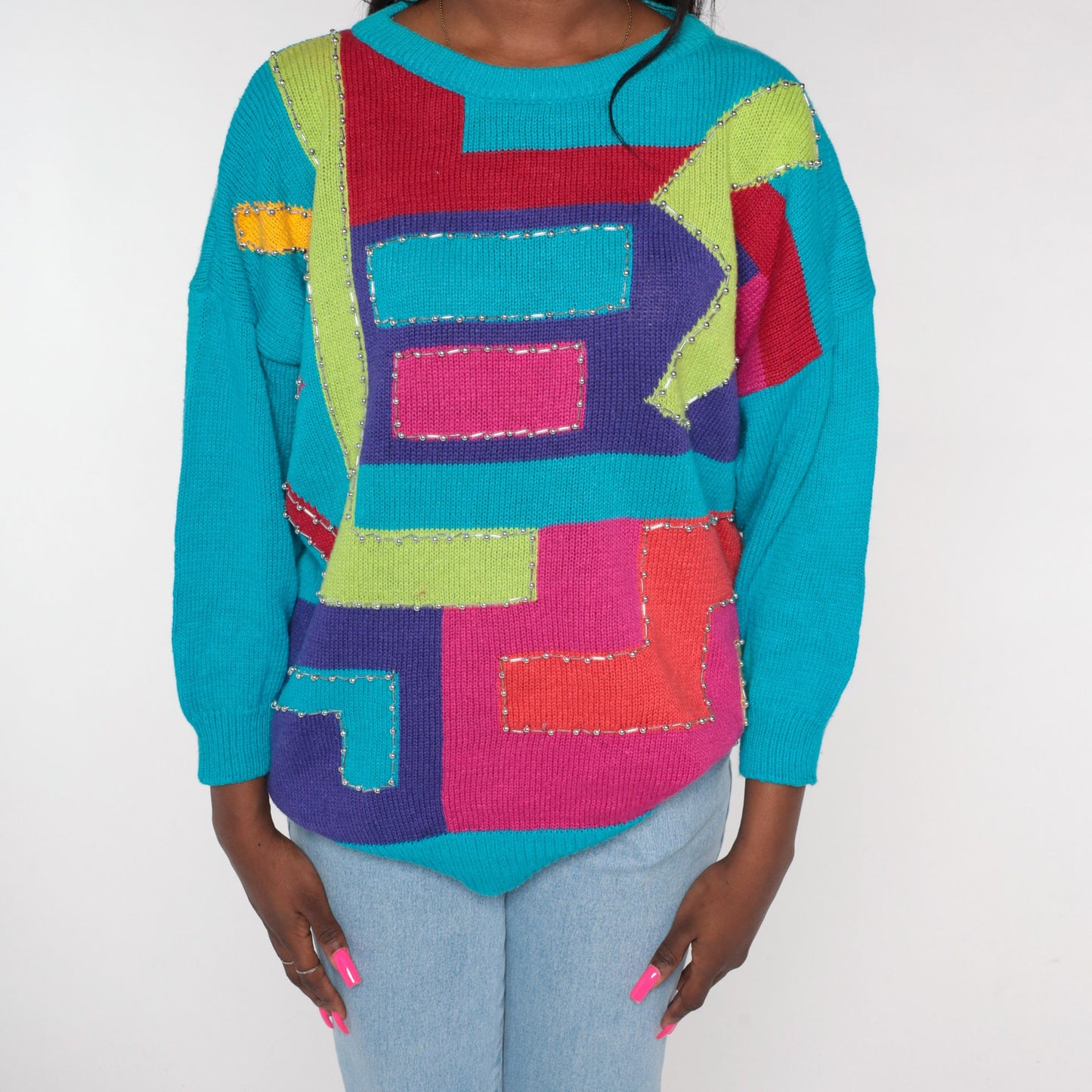 90s Geometric Beaded Sweater Turquoise Blue Abstract Knit Pullover XXL