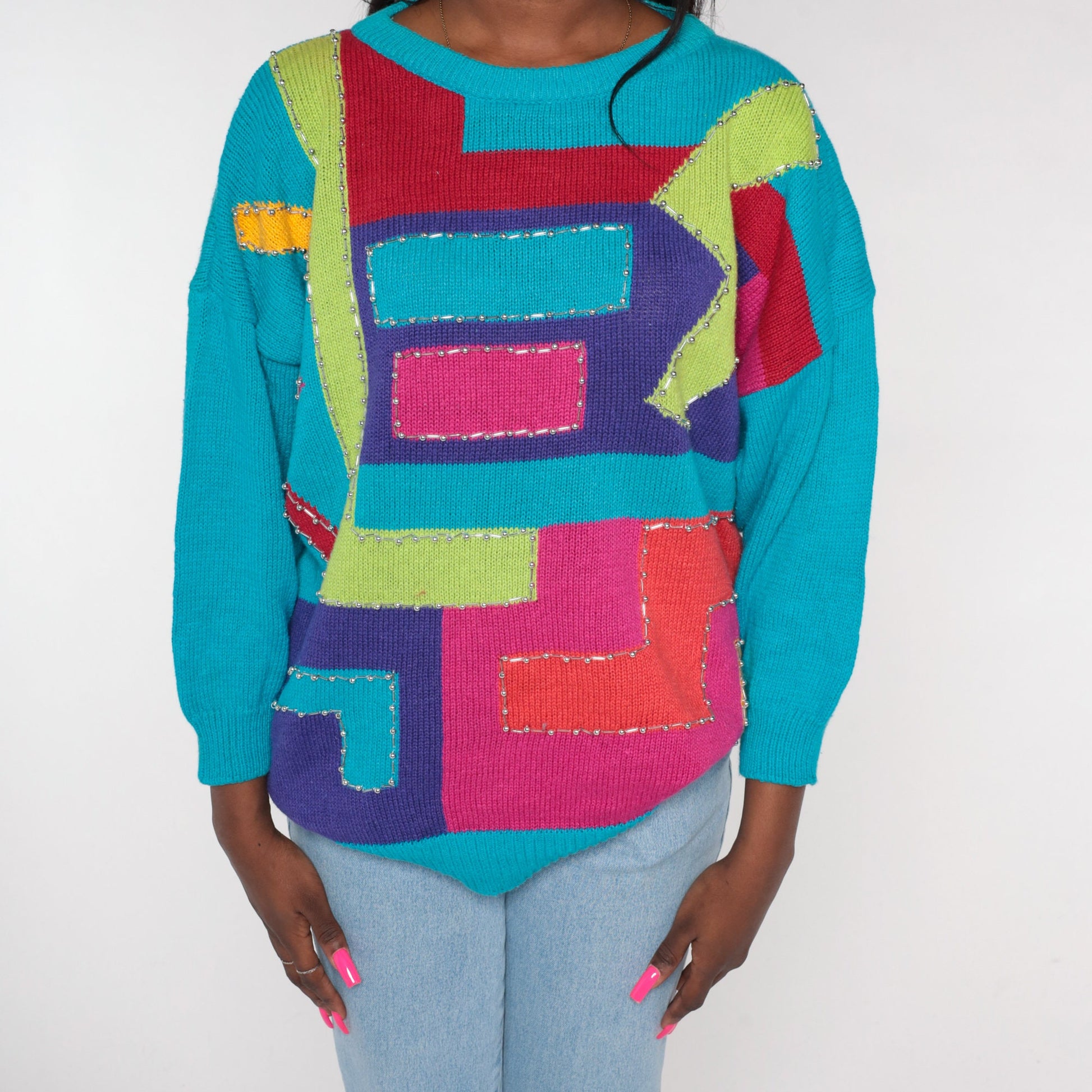 90s Geometric Beaded Sweater Turquoise Blue Abstract Knit Pullover XXL