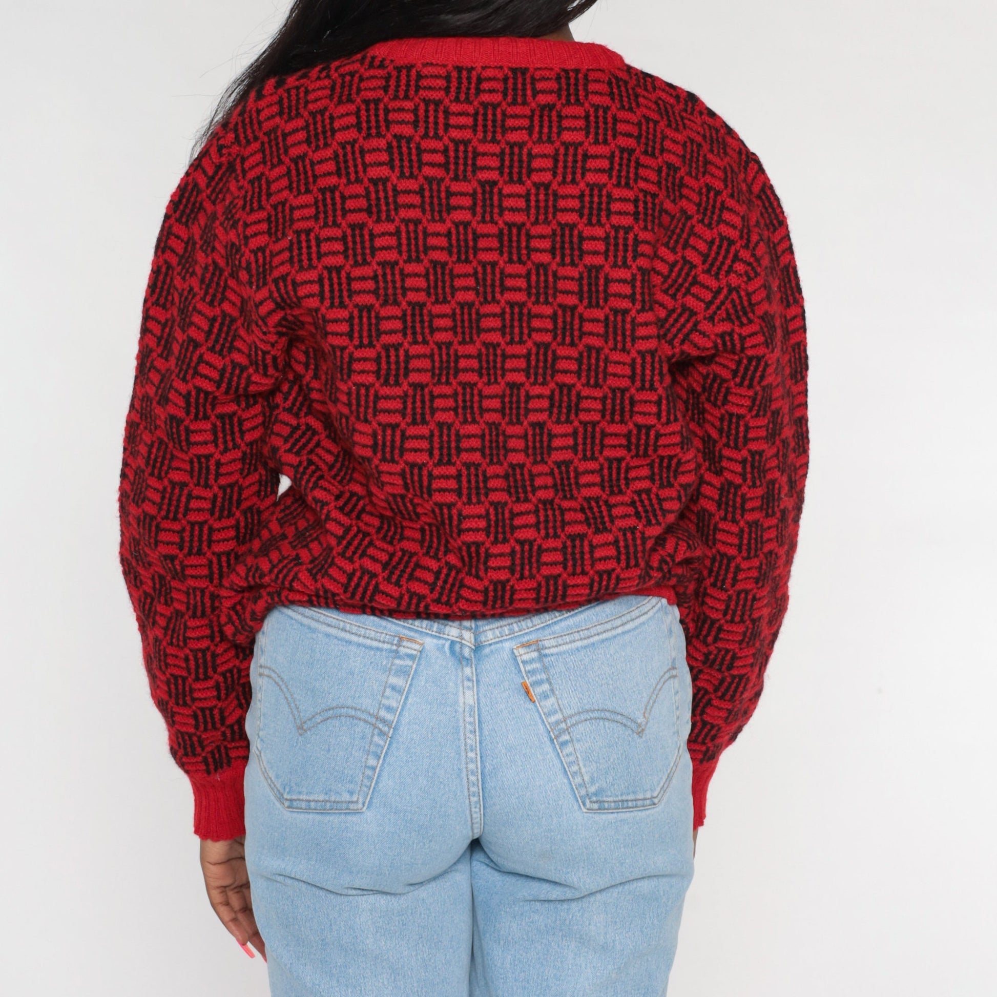 80s Saks Fifth Avenue Wool Sweater Red Geometric Black Op Art Medium M