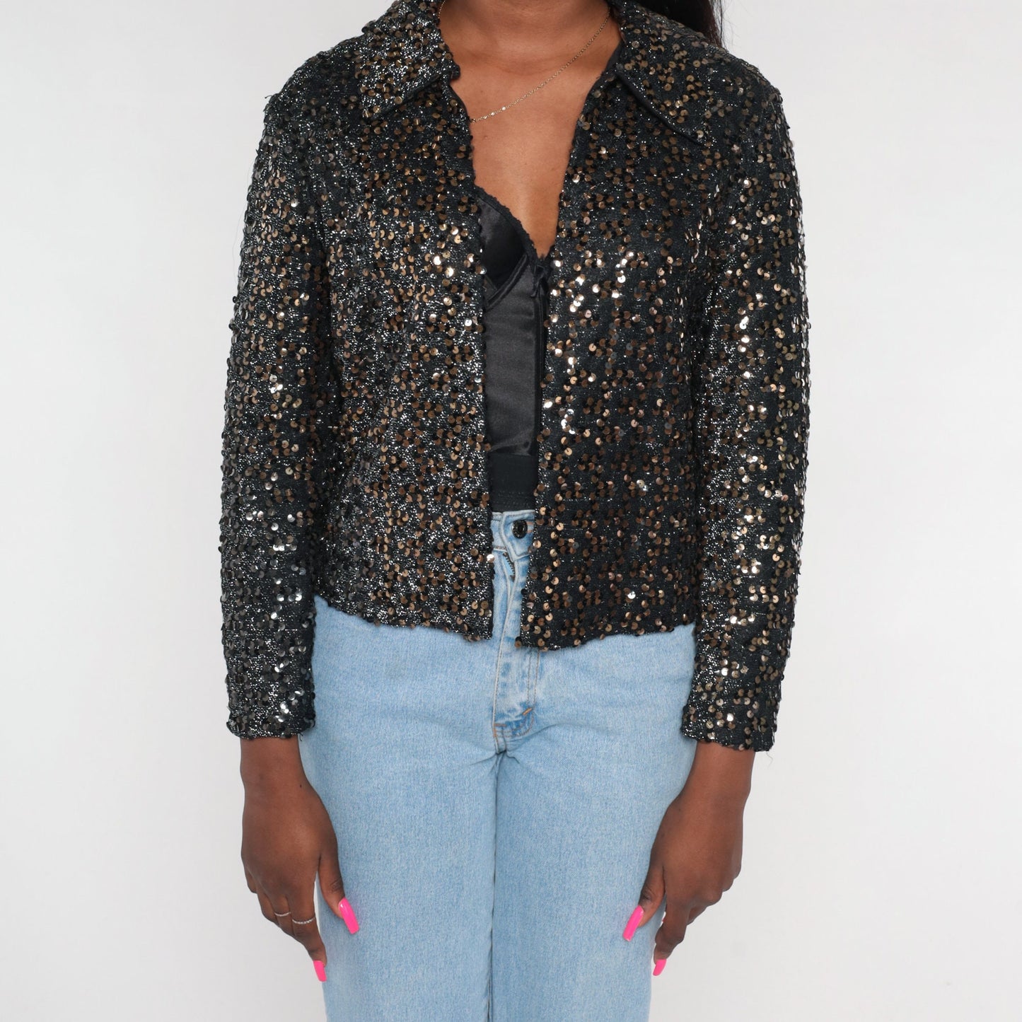80s Black Bronze Sequin Blazer Open Front Collared Jacket Small S