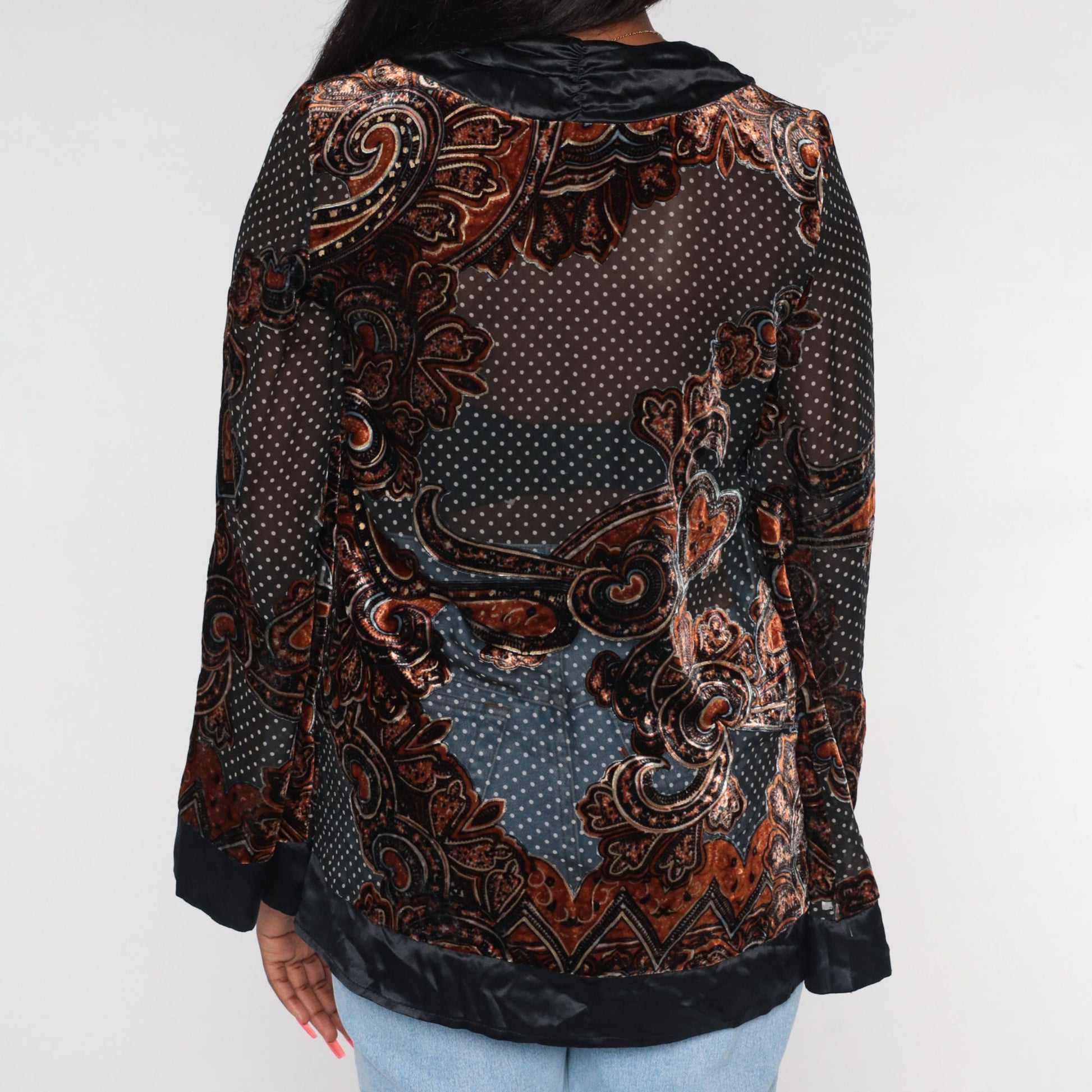 Y2K Velvet Paisley Jacket Black White Polka Dot Deep V Frog Closure Medium M