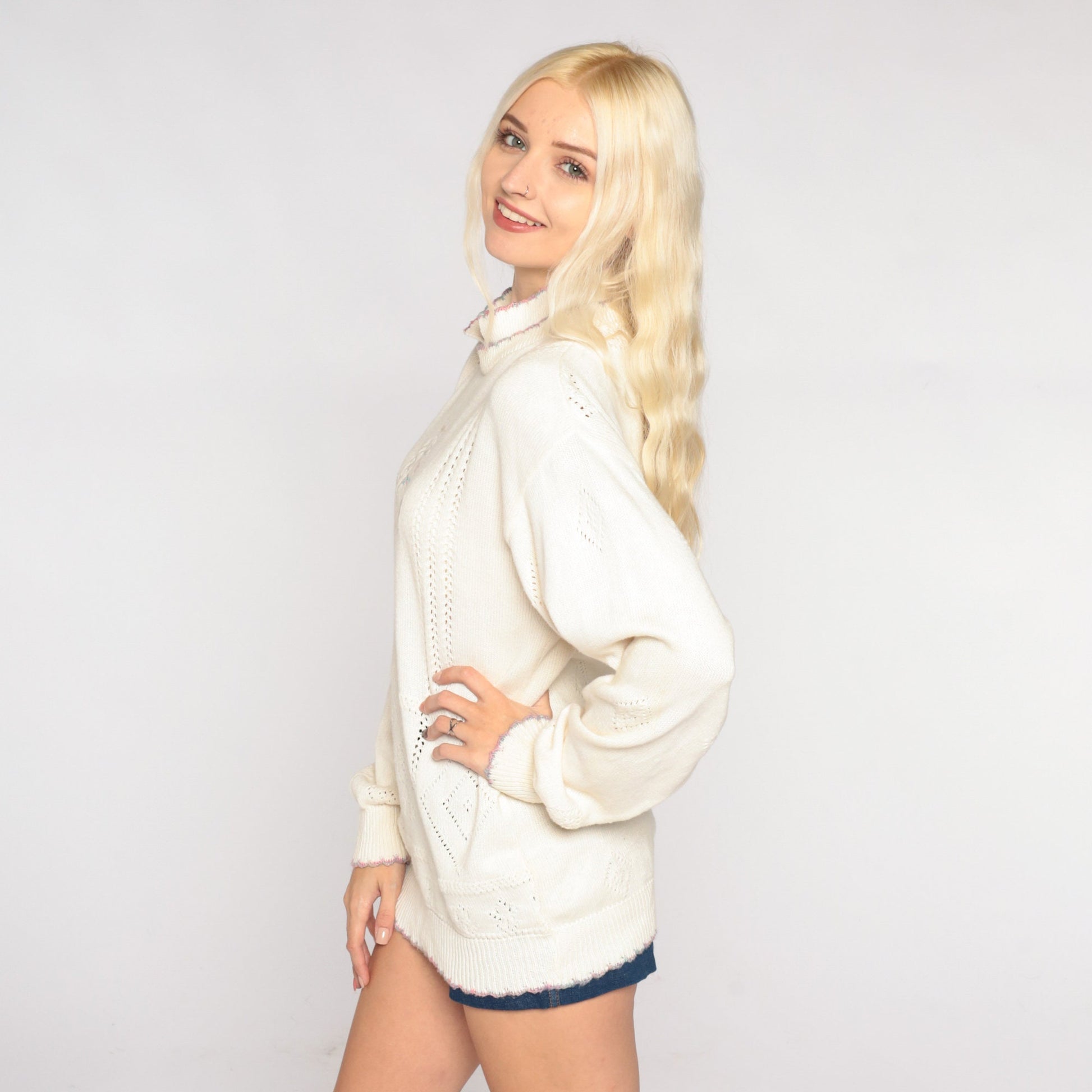 90s White Pointelle Knit Sweater Floral Embroidered Collared Pullover Medium M
