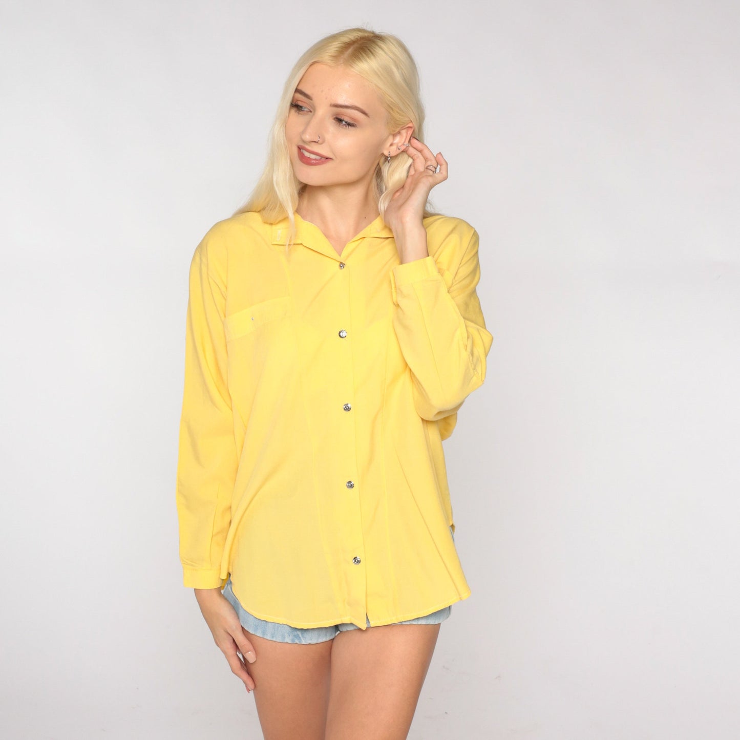90s Yellow Button-Up Blouse Long Sleeve Collared Shirt Large L