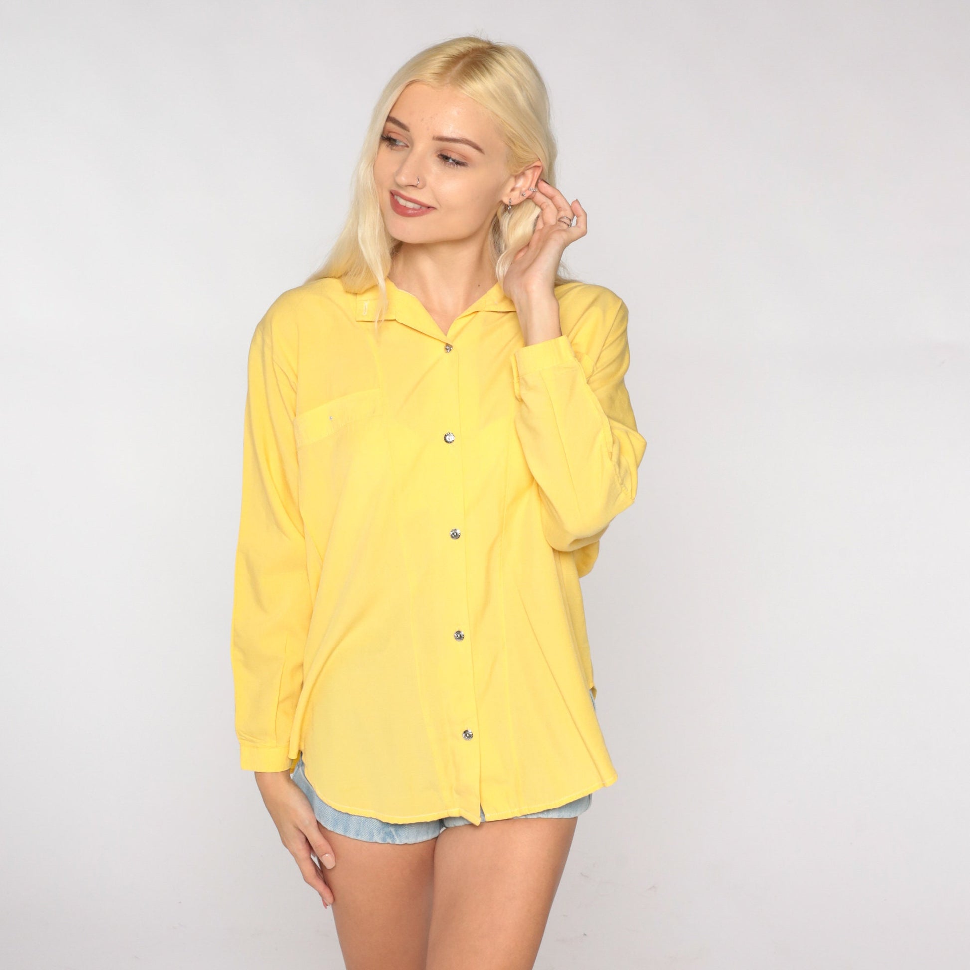 90s Yellow Button-Up Blouse Long Sleeve Collared Shirt Large L