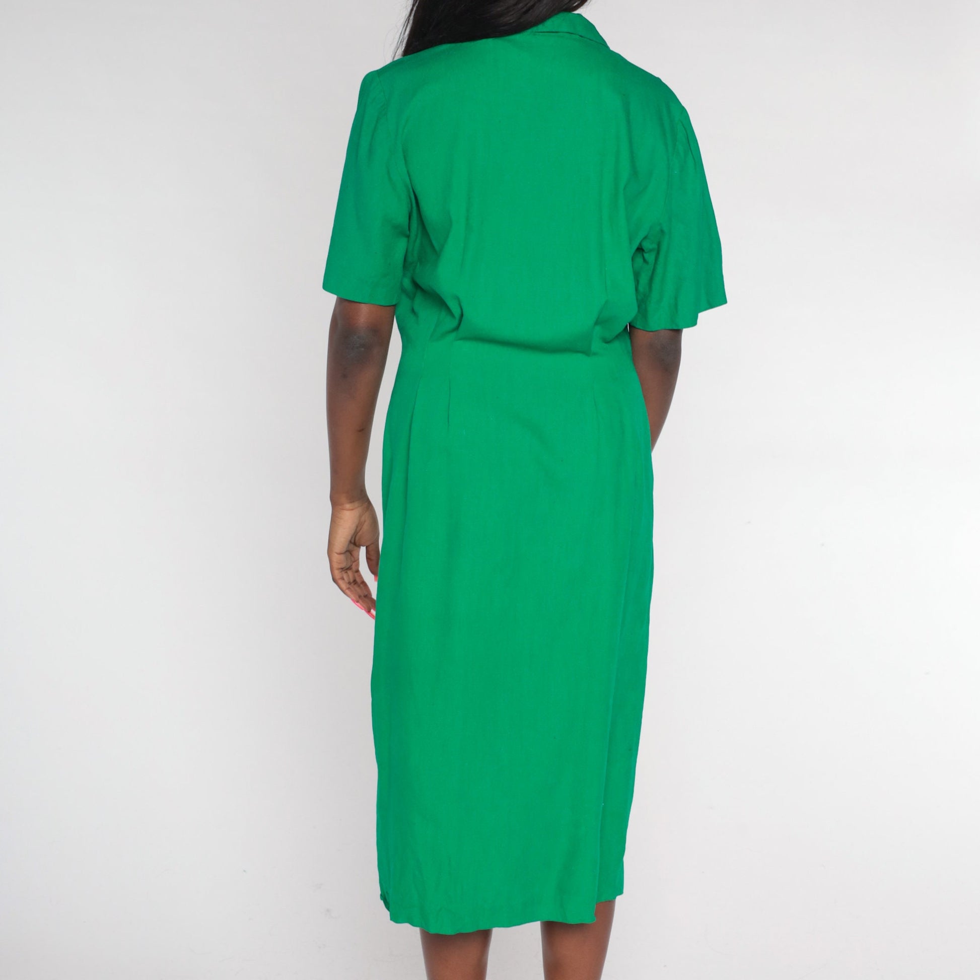 90s Green Silk Midi Shirtdress Short Sleeve Button-Up Medium