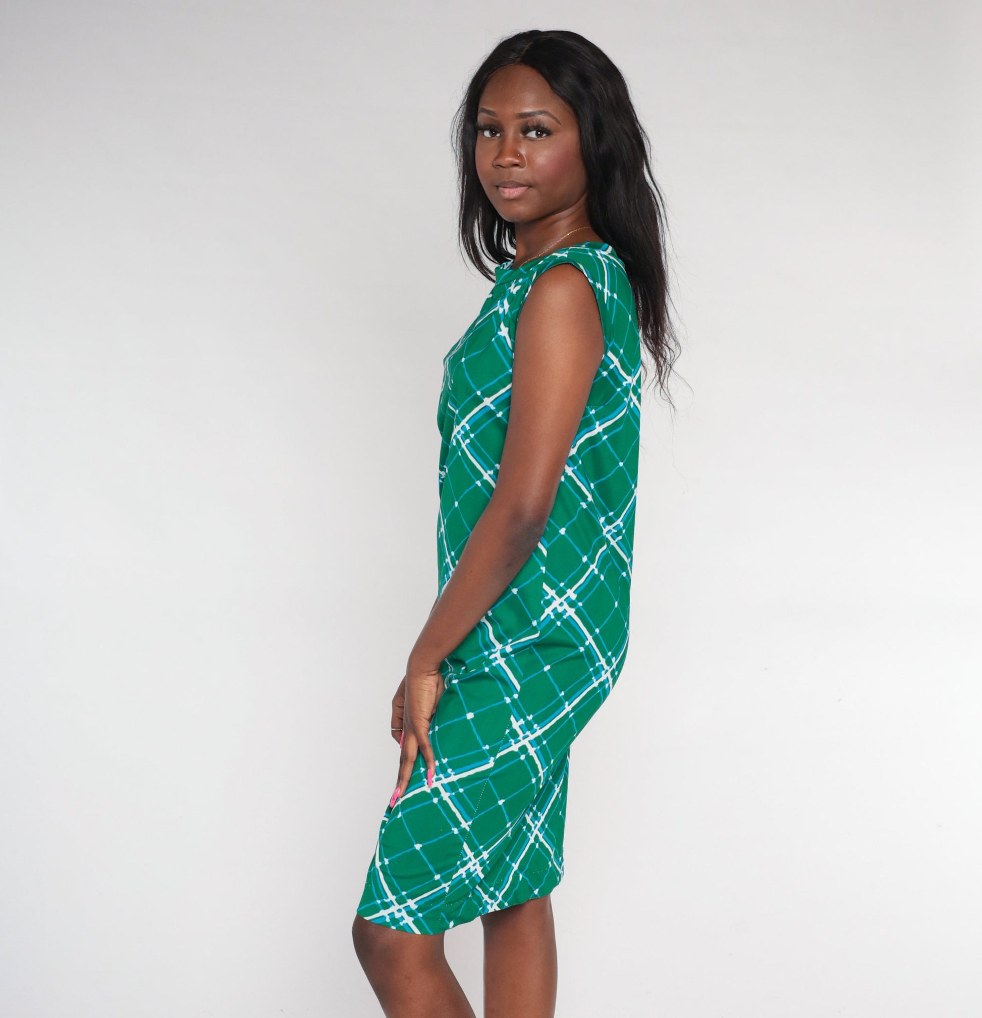 70s Green Lattice Print Shift Dress Sleeveless Mini A-Line Medium