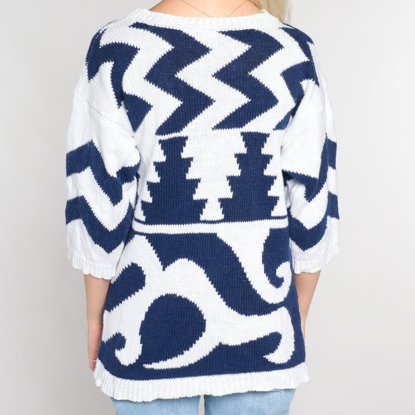 90s White Knit Sweater Navy Abstract Geometric Zig Zag Print 3/4 Sleeve Medium