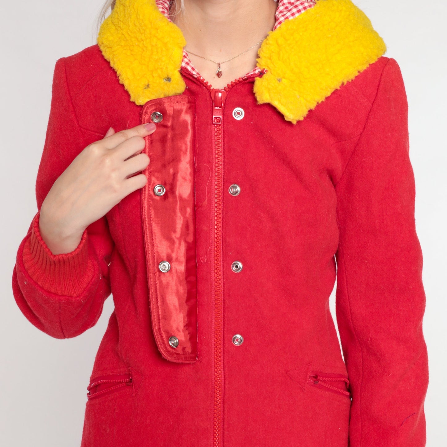 70s 80s Red Wool Blend Hooded Winter Coat Yellow Sherpa Trim Extra Small XS