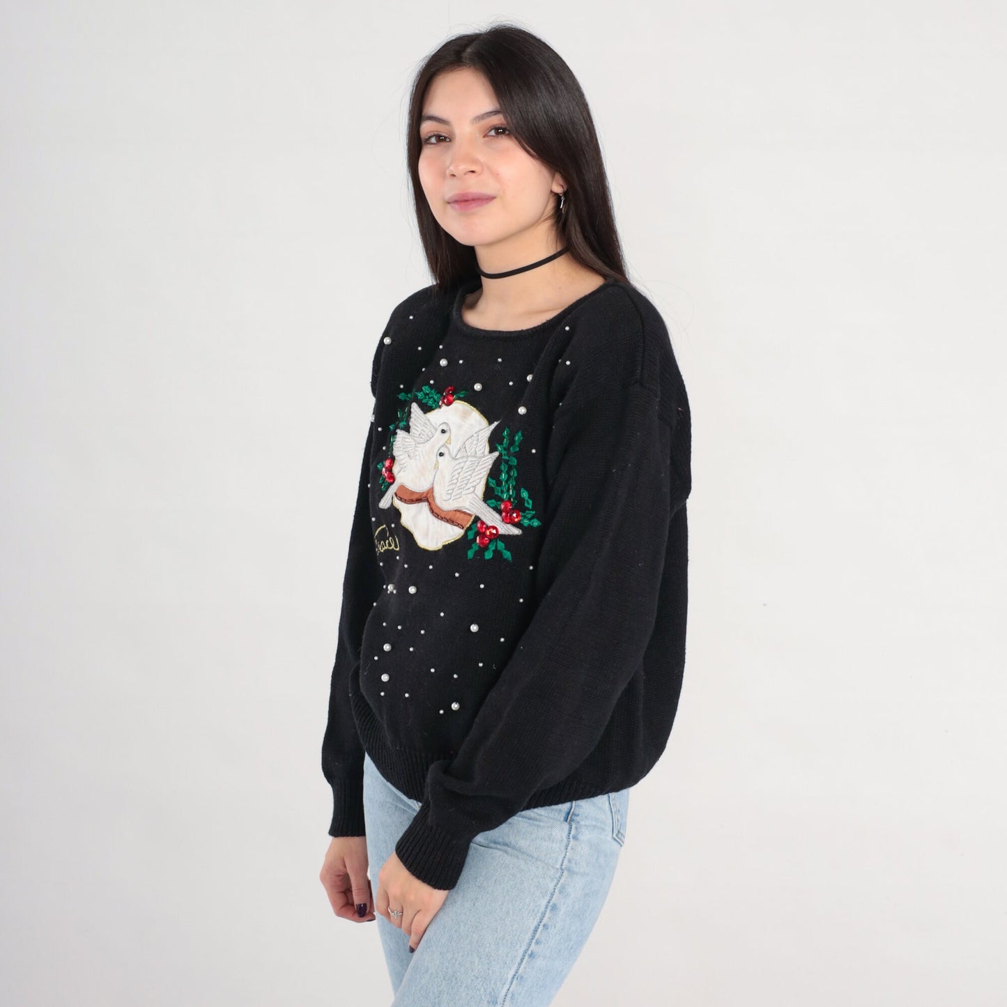 Y2K Christmas Dove Sweater Black Beaded Peace Pullover Large L