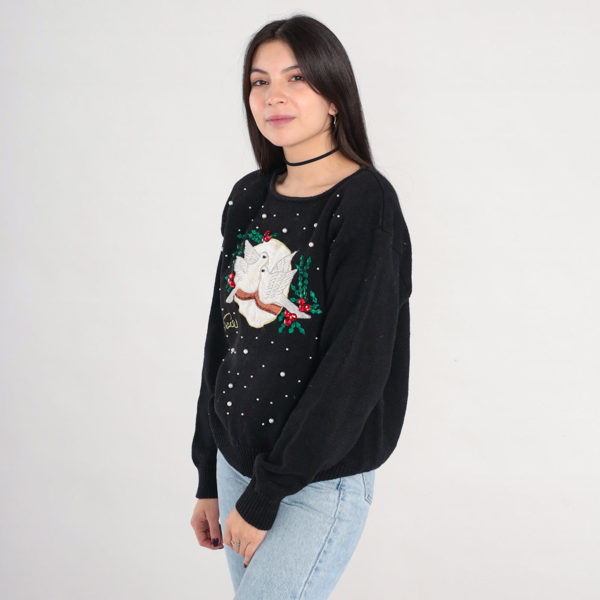 Y2K Christmas Dove Sweater Black Beaded Peace Pullover Large L