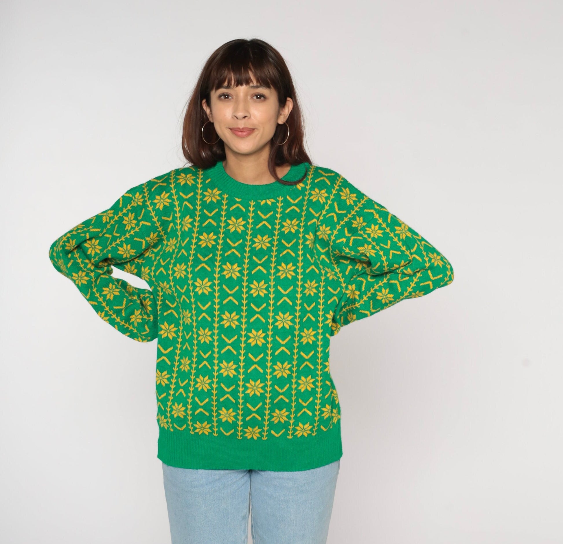 90s Green Fair Isle Snowflake Sweater Yellow Geometric Knit Crewneck Large L