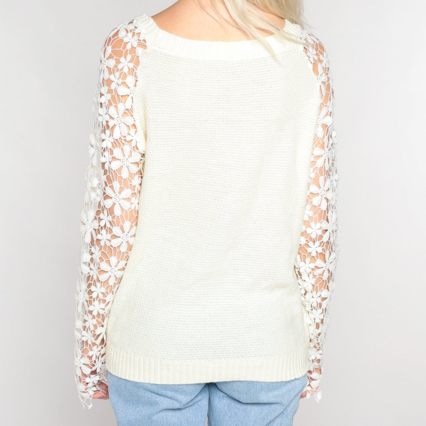 90s White Crochet Floral Knit Sweater Sheer Sleeve Pullover Medium Large