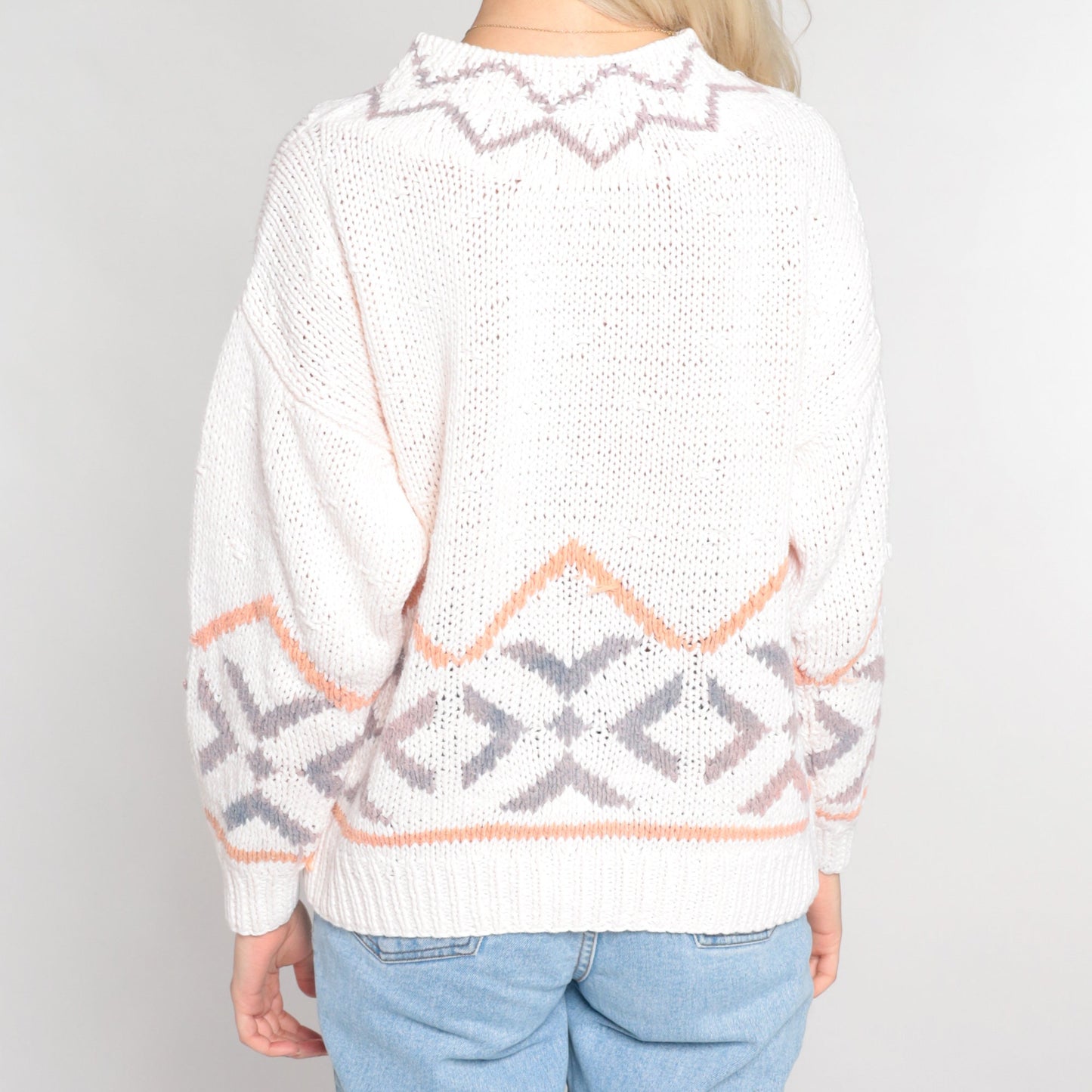 90s Diamond Geometric Knit Sweater White Cotton Ramie Pullover Medium M