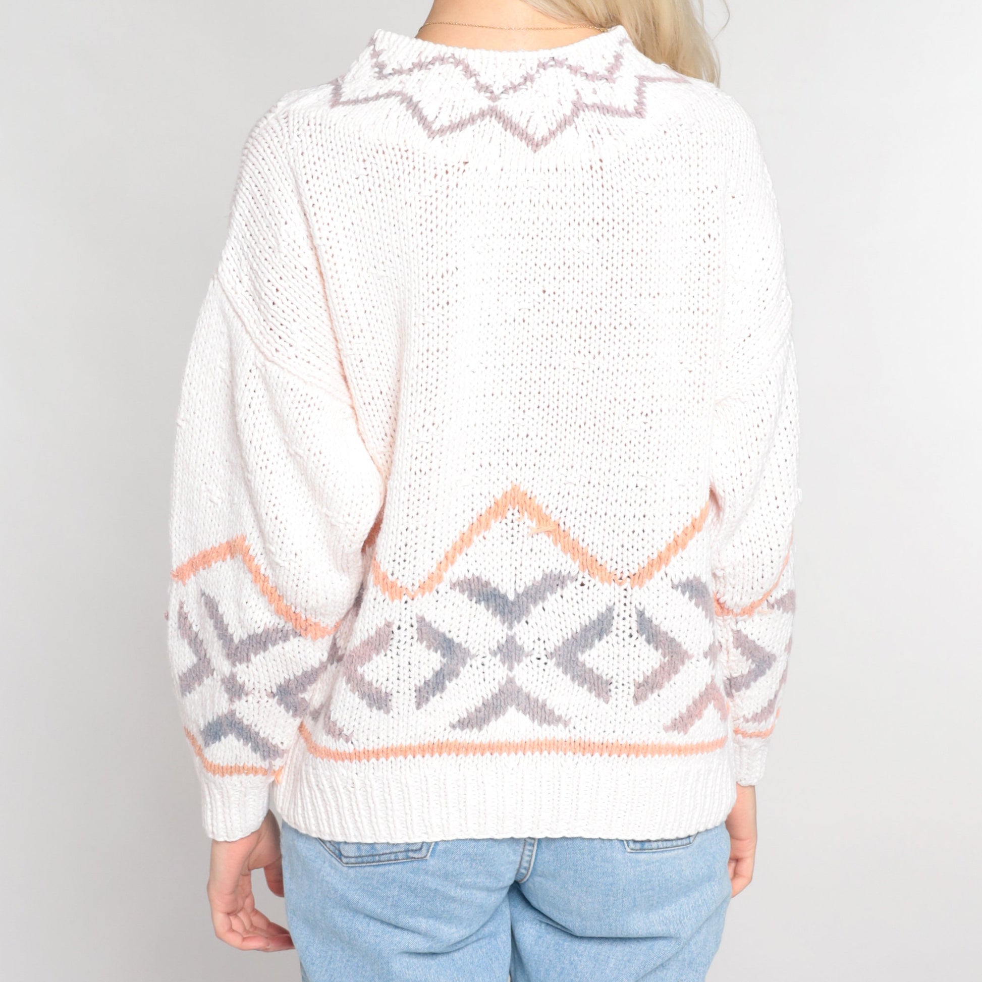 90s Diamond Geometric Knit Sweater White Cotton Ramie Pullover Medium M