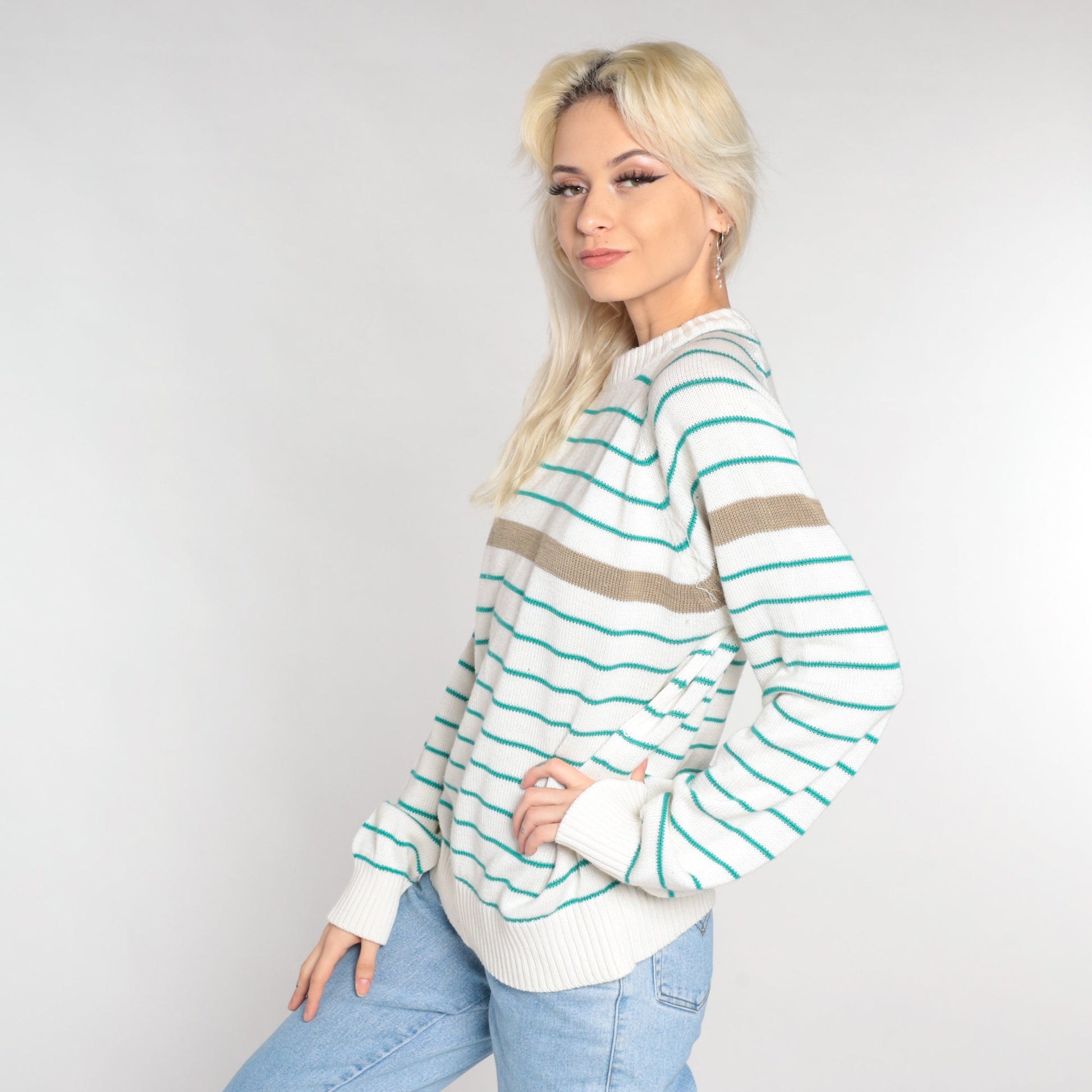 90s Striped Pullover Sweater White Green Tan Raglan Crewneck Large L