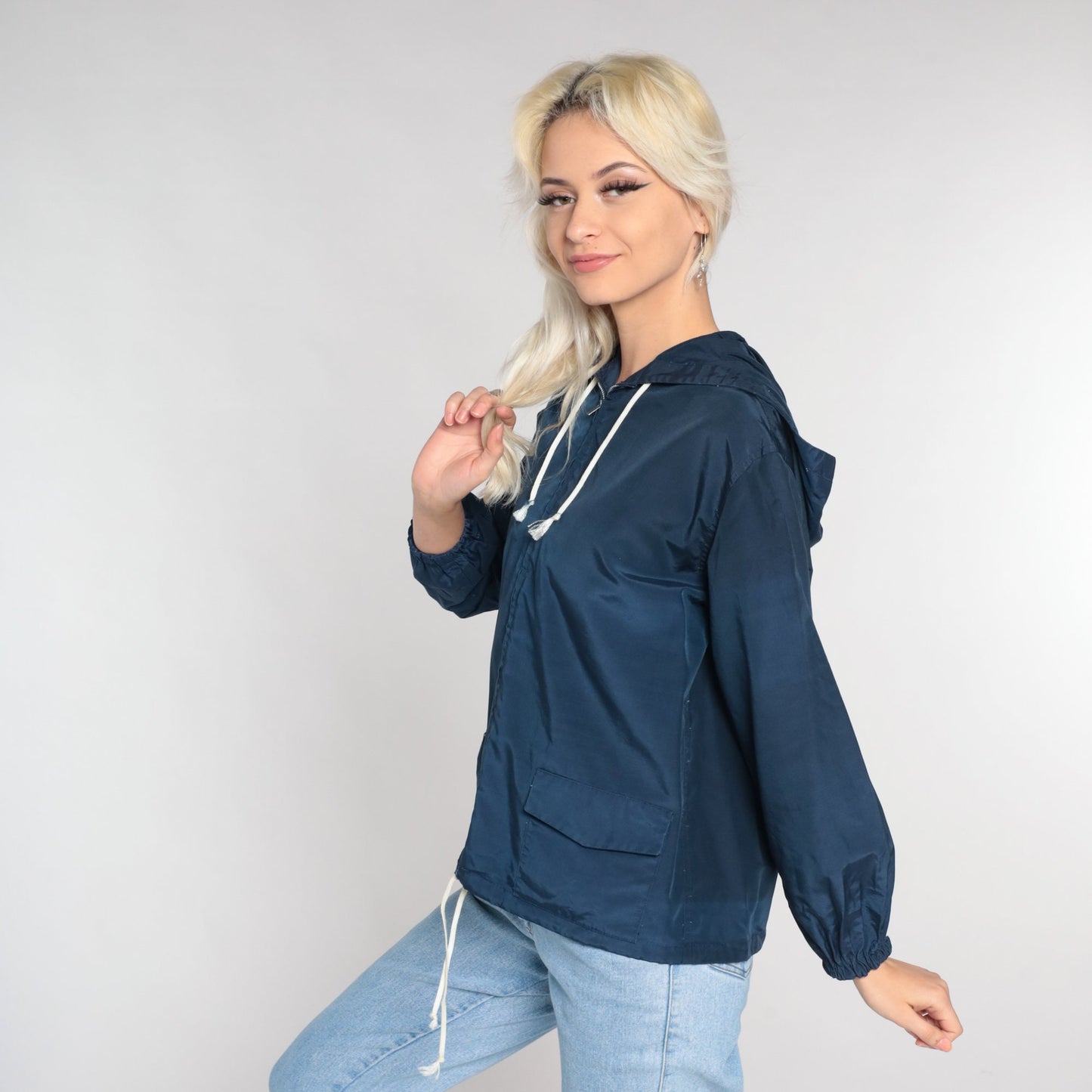 80s Navy Zip-Up Hooded Windbreaker Jacket Small S