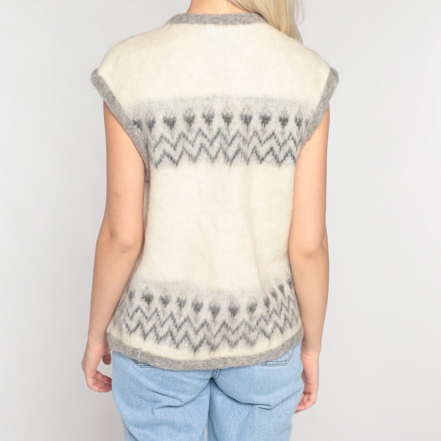 60s Wool Vest Cream Geometric Zig Zag Open Front Knit Small S