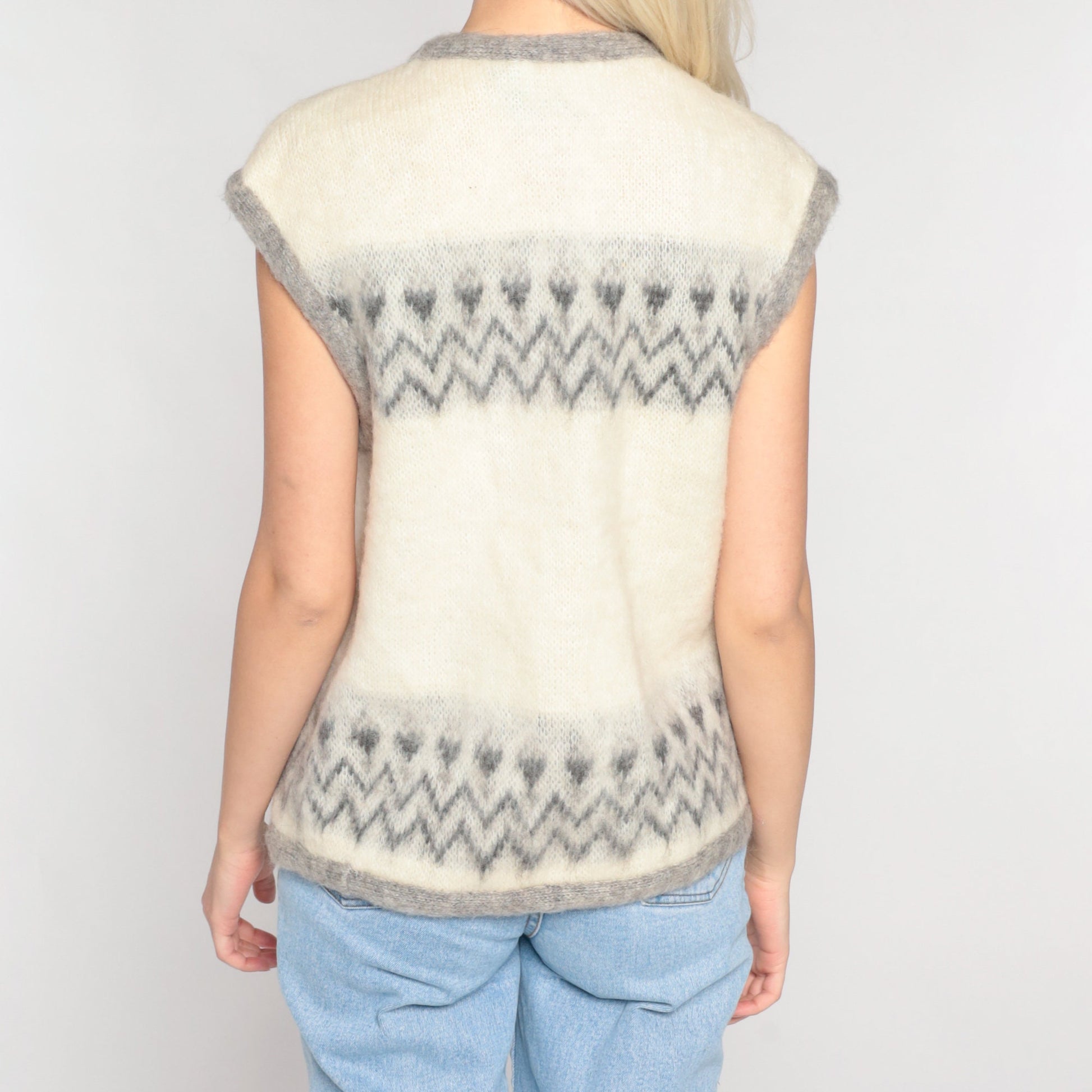 60s Wool Vest Cream Geometric Zig Zag Open Front Knit Small S