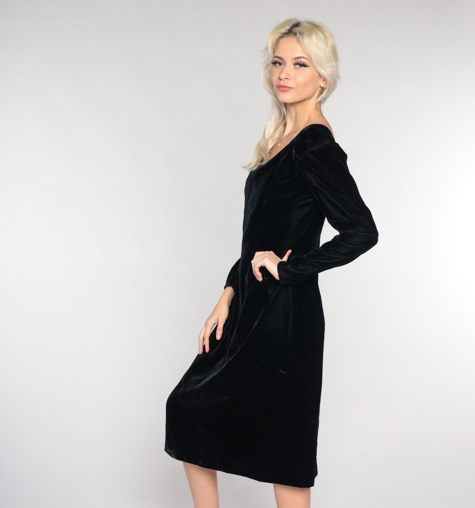 90s Black Velvet Midi Dress Puff Sleeve V-Neck Low Back Medium