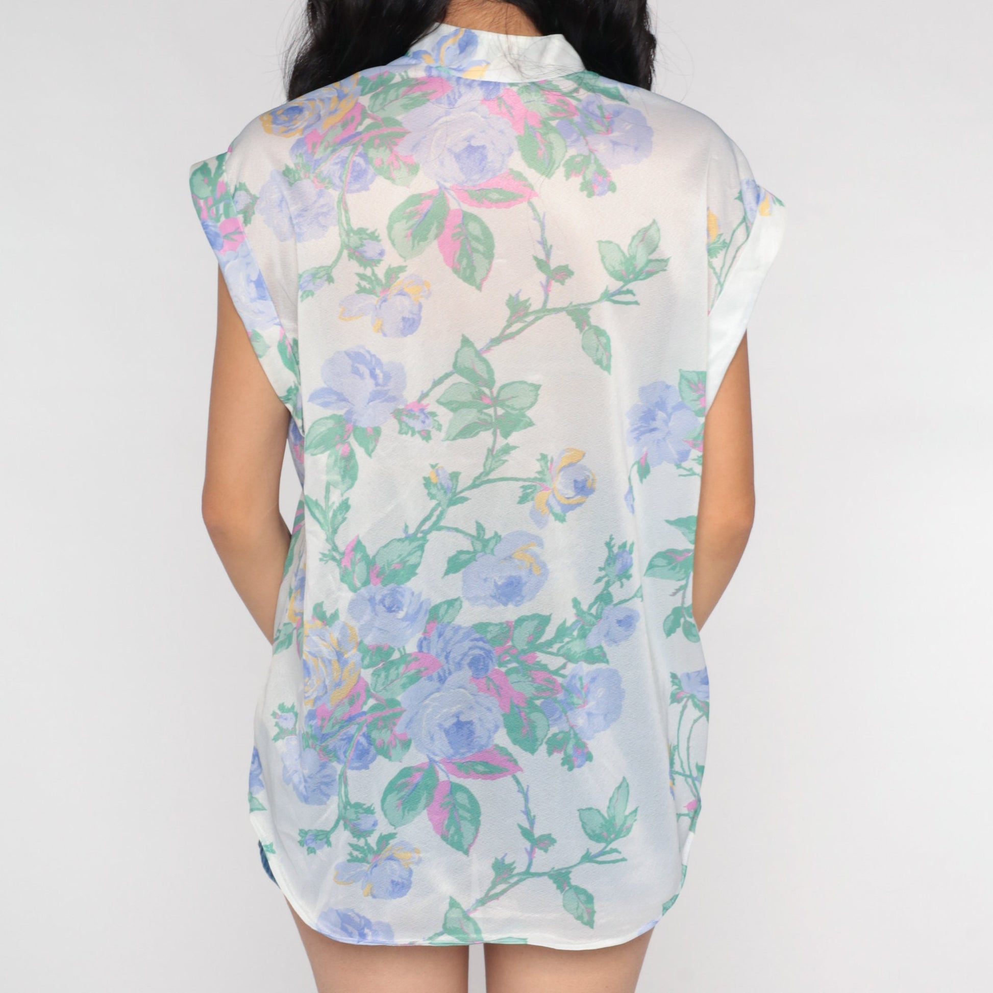70s Floral Blouse White Semi-Sheer Cap Sleeve Toggle Button Up Medium