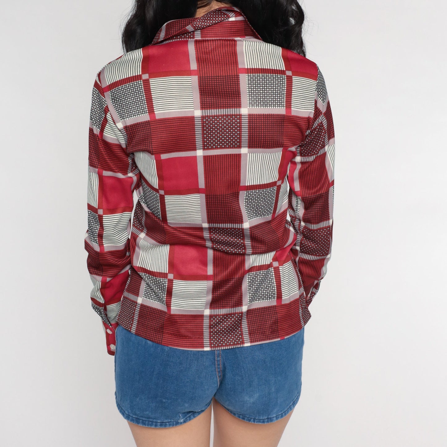70s Red Checkered Button-Up Blouse Long Sleeve Collar Shirt Small