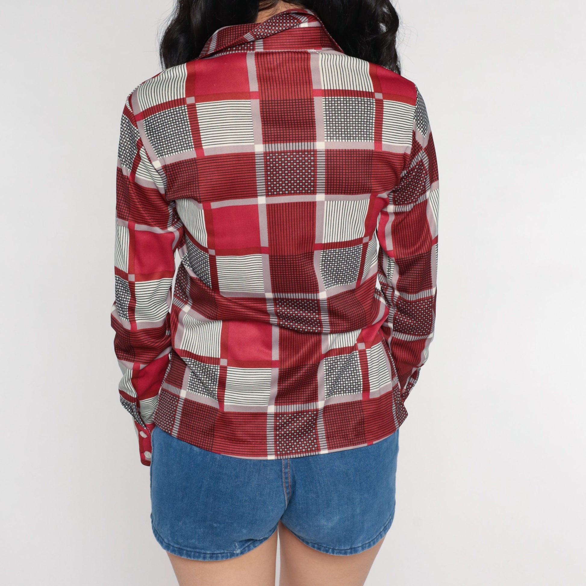 70s Red Checkered Button-Up Blouse Long Sleeve Collar Shirt Small