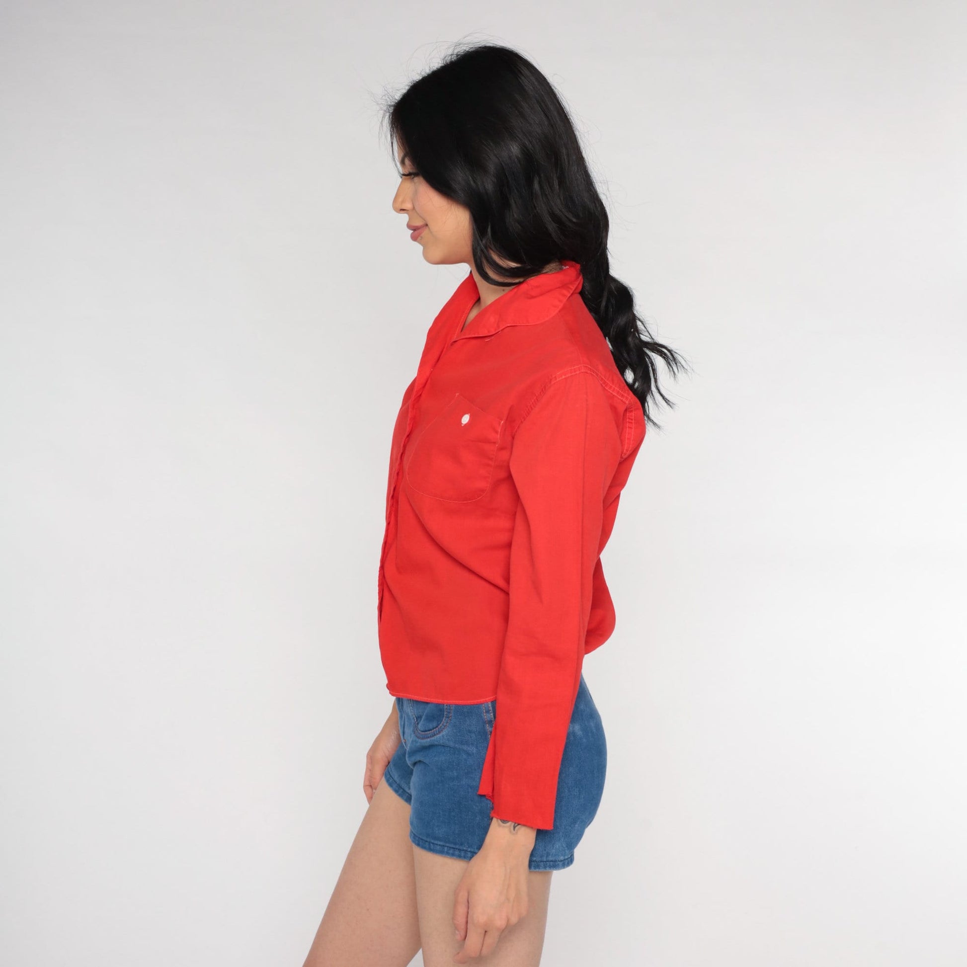 70s Red Cotton Blend Button-Up Shirt Long Sleeve Disco Blouse Small