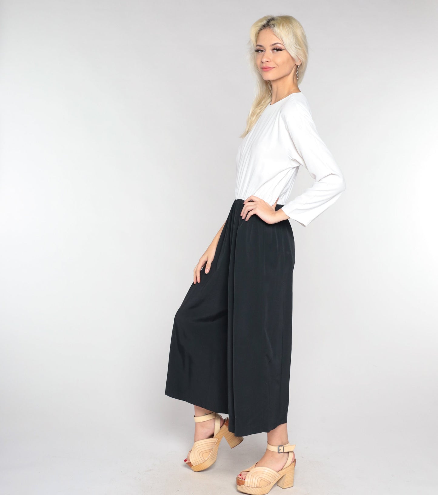 90s Black & White Wide Leg Jumpsuit Long Sleeve Rear Zip Medium