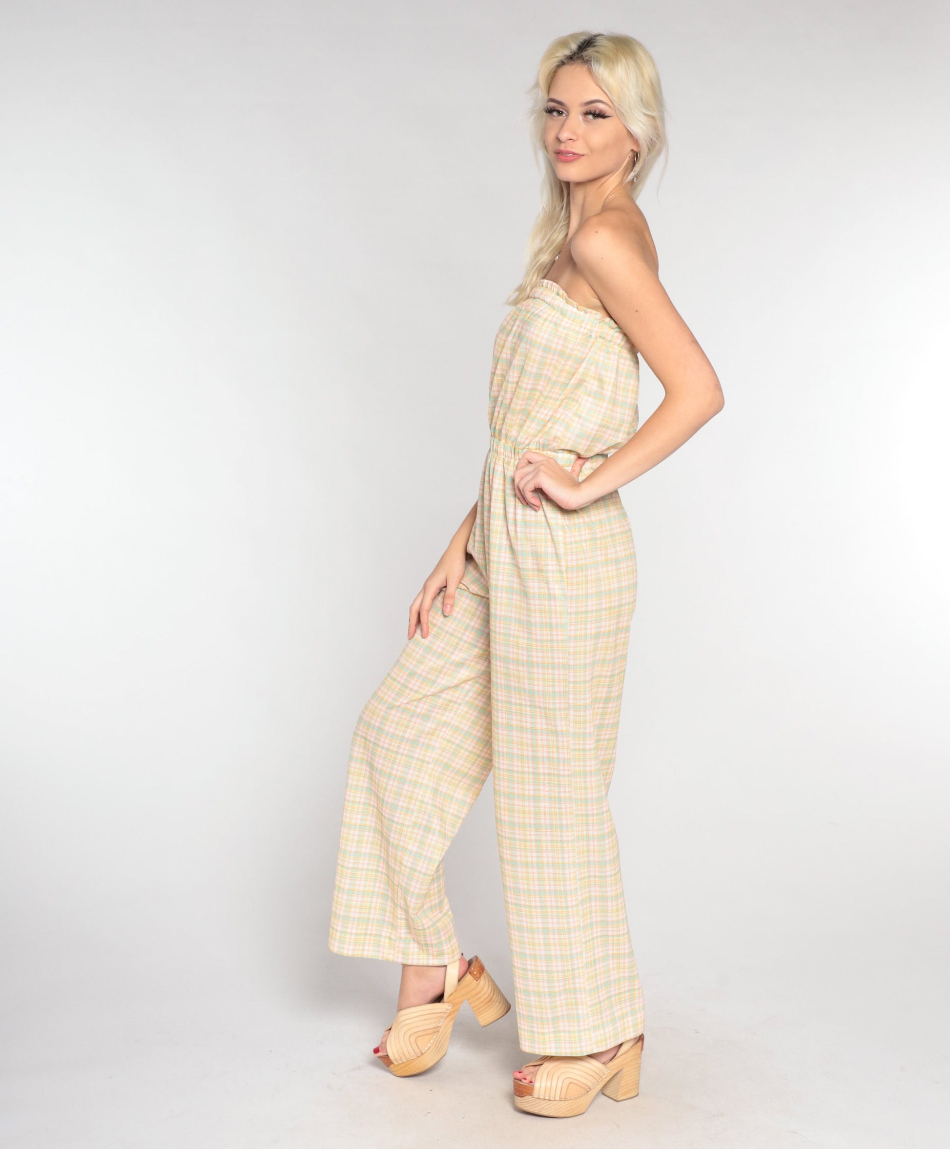70s Plaid Strapless Jumpsuit Straight Leg High Waist White Yellow Small