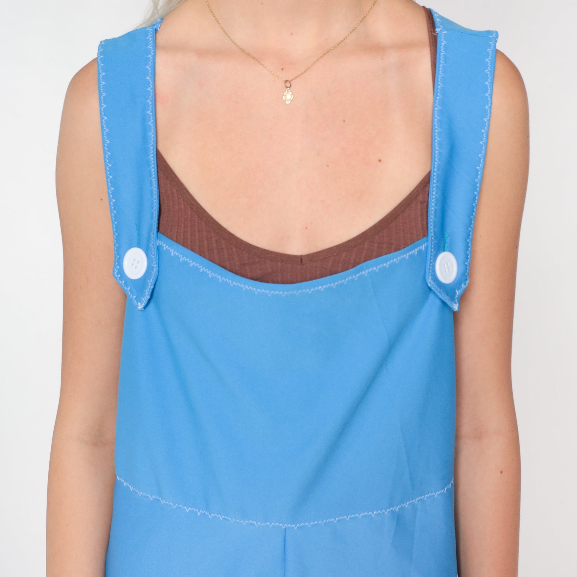 70s Blue Sleeveless Jumpsuit High Waist Straight Leg Bib Overalls Small